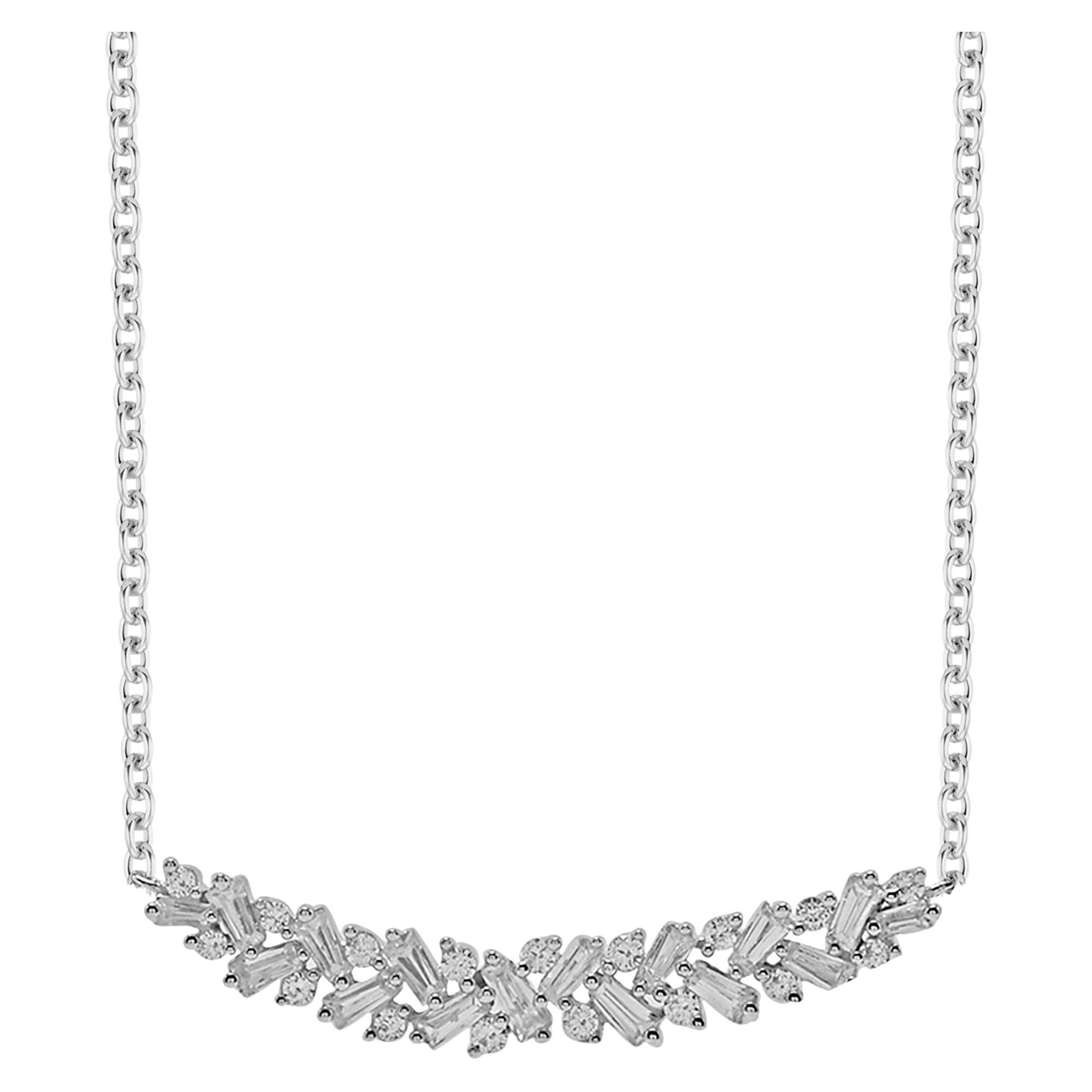 TJD 0.50 Carat Round and Baguette Diamond 14 Karat White Gold Curve Bar Necklace