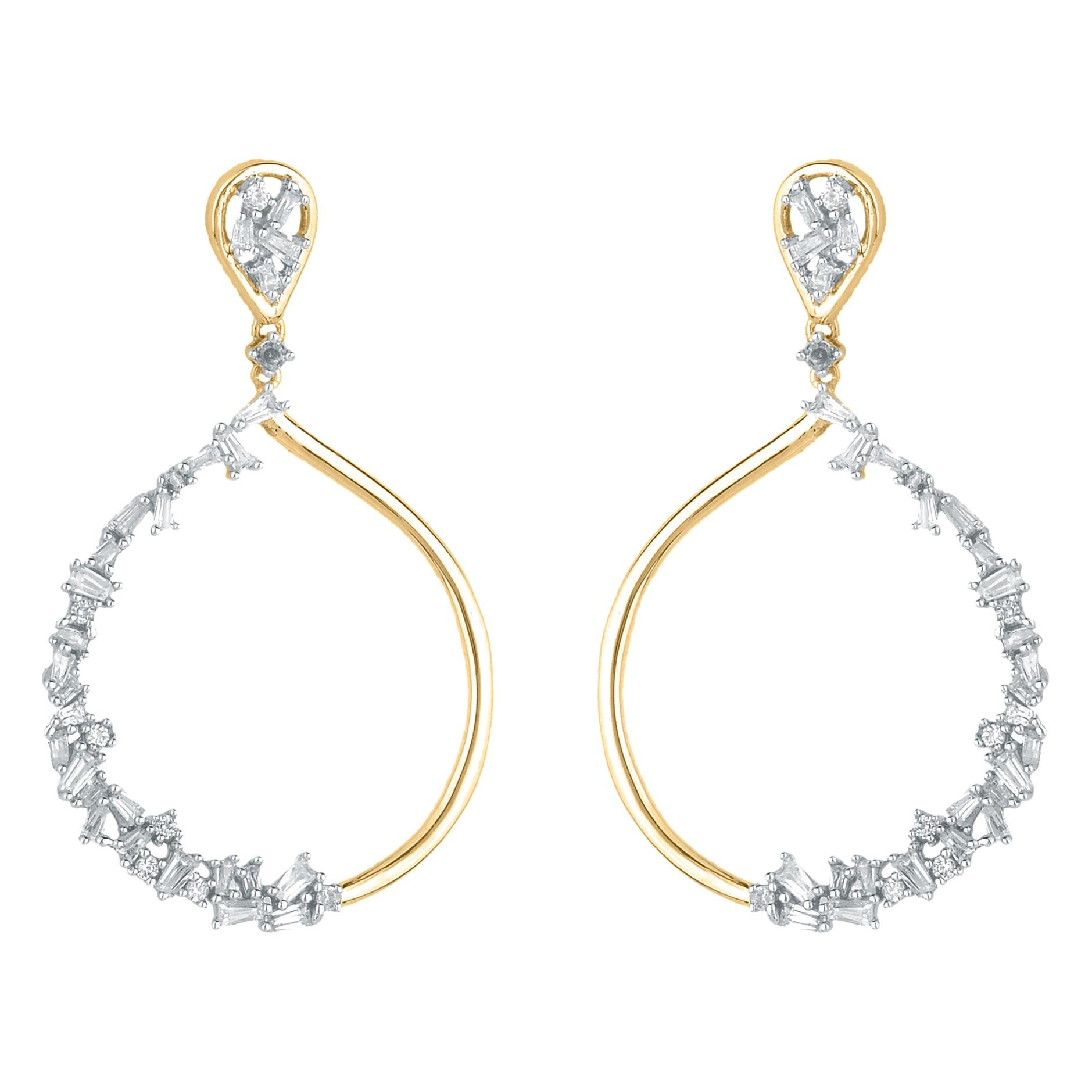 TJD 0.50 Carat Round and Baguette Diamond 14K Yellow Gold Drop Fashion Earrings