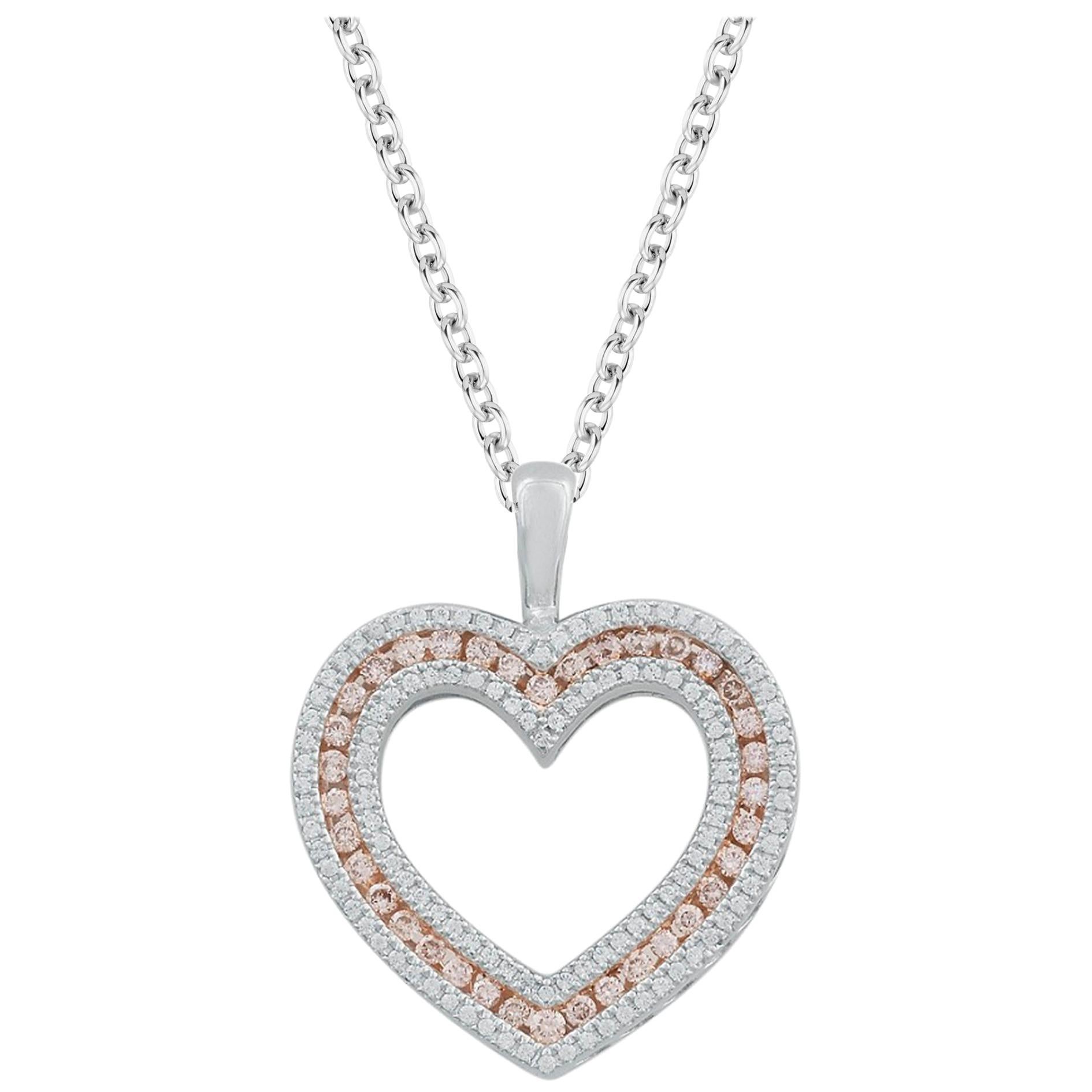 TJD 1/2 Carat Nat. Pink Rosé & White Diamond 18K White Gold Double Heart Pendant For Sale