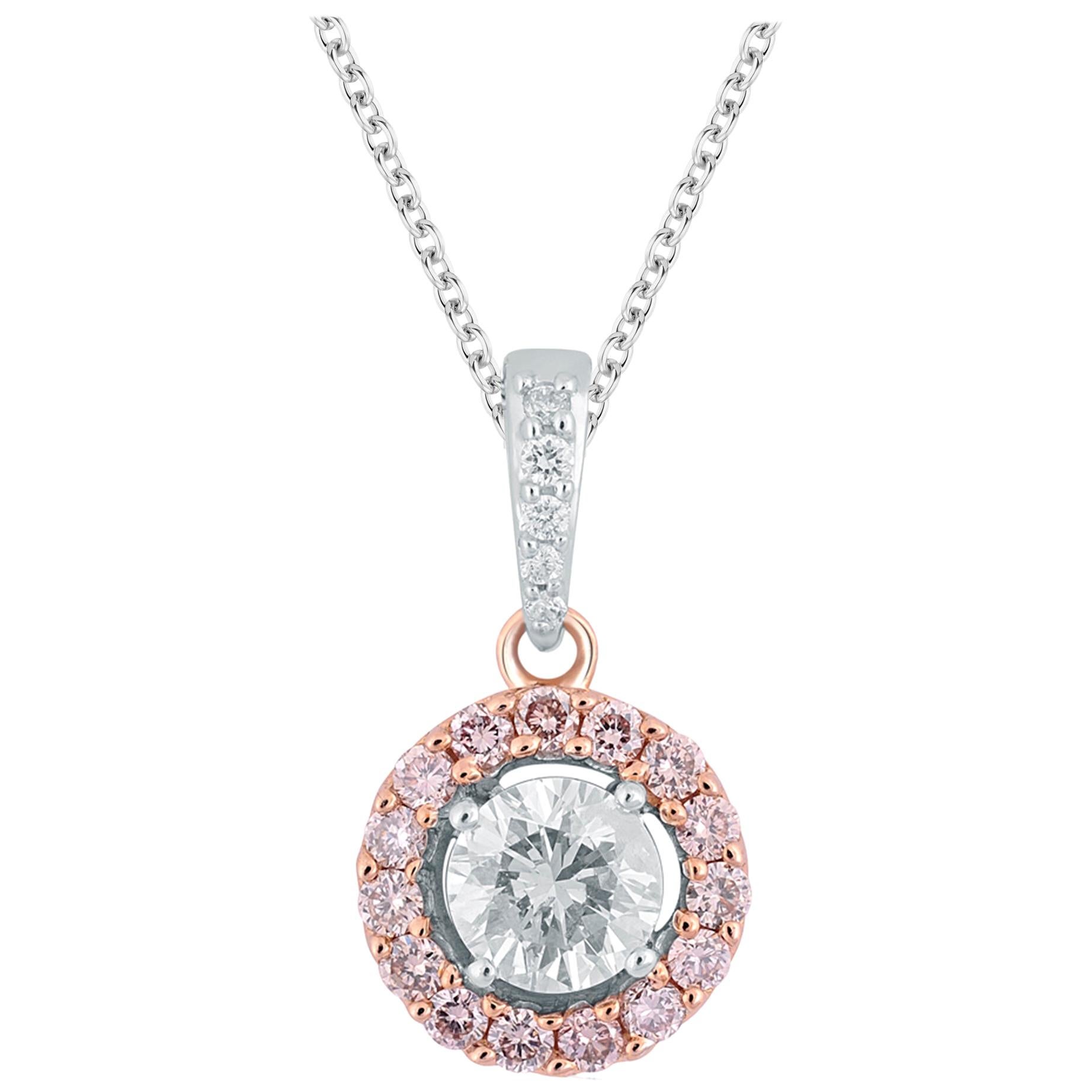 TJD 0.50 Carat Nat. Pink Rosé and White Diamond 18KT 2 Tone Halo Cluster Pendant For Sale