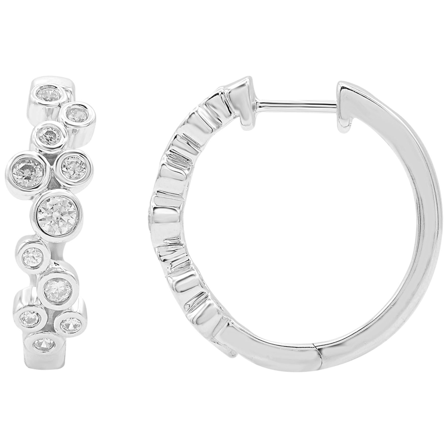 TJD 0.50 Carat Diamond 14 Karat White Gold Bezel Set Zig-Zag Huggie Earrings For Sale