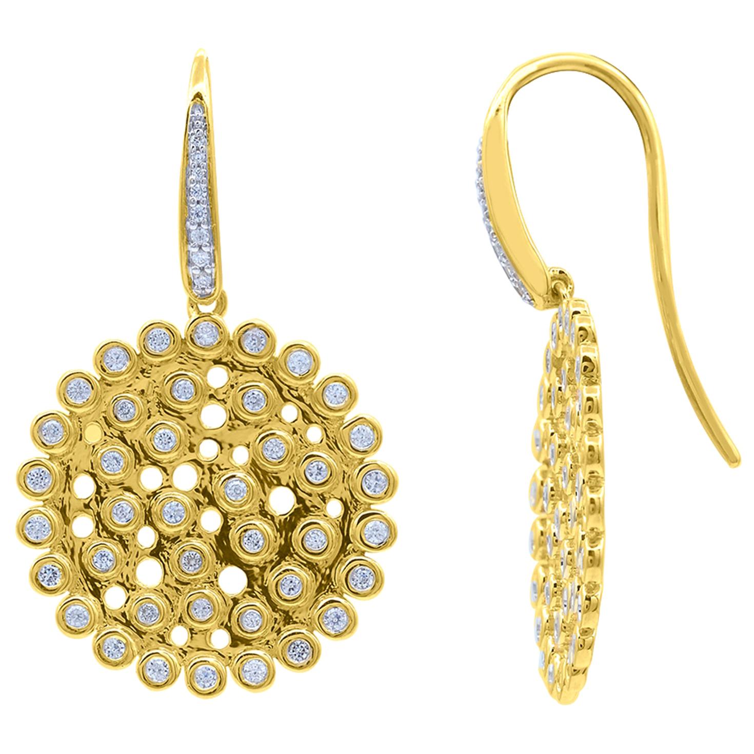 TJD 0.50 Carat Diamond 14 Karat Yellow Gold Circular Cluster Drop Earrings