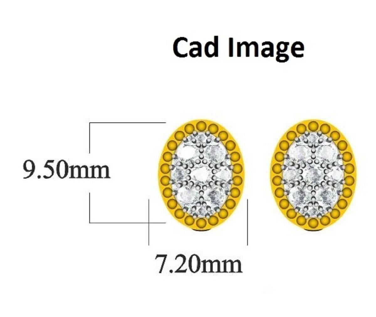 With one look of this 0.50 Carat Beautiful Round diamond oval shaped stud earrings crafted in 14 Kt yellow gold. This earring is beautifully designed and studded with 34 round diamond in prong setting. We only use natural diamond which shines in H-I
