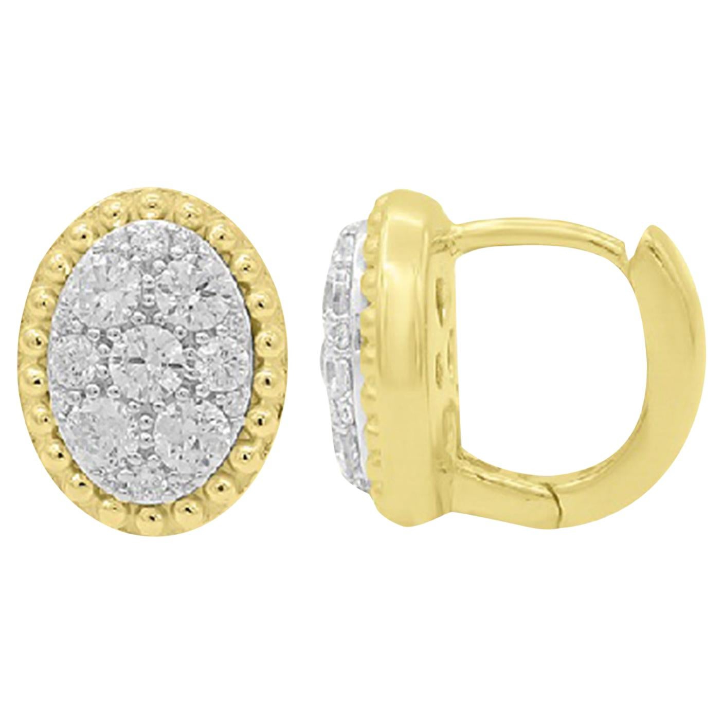 TJD 0.50 Carat Round Diamond 14K Yellow Gold Oval Shaped Cluster Stud Earrings
