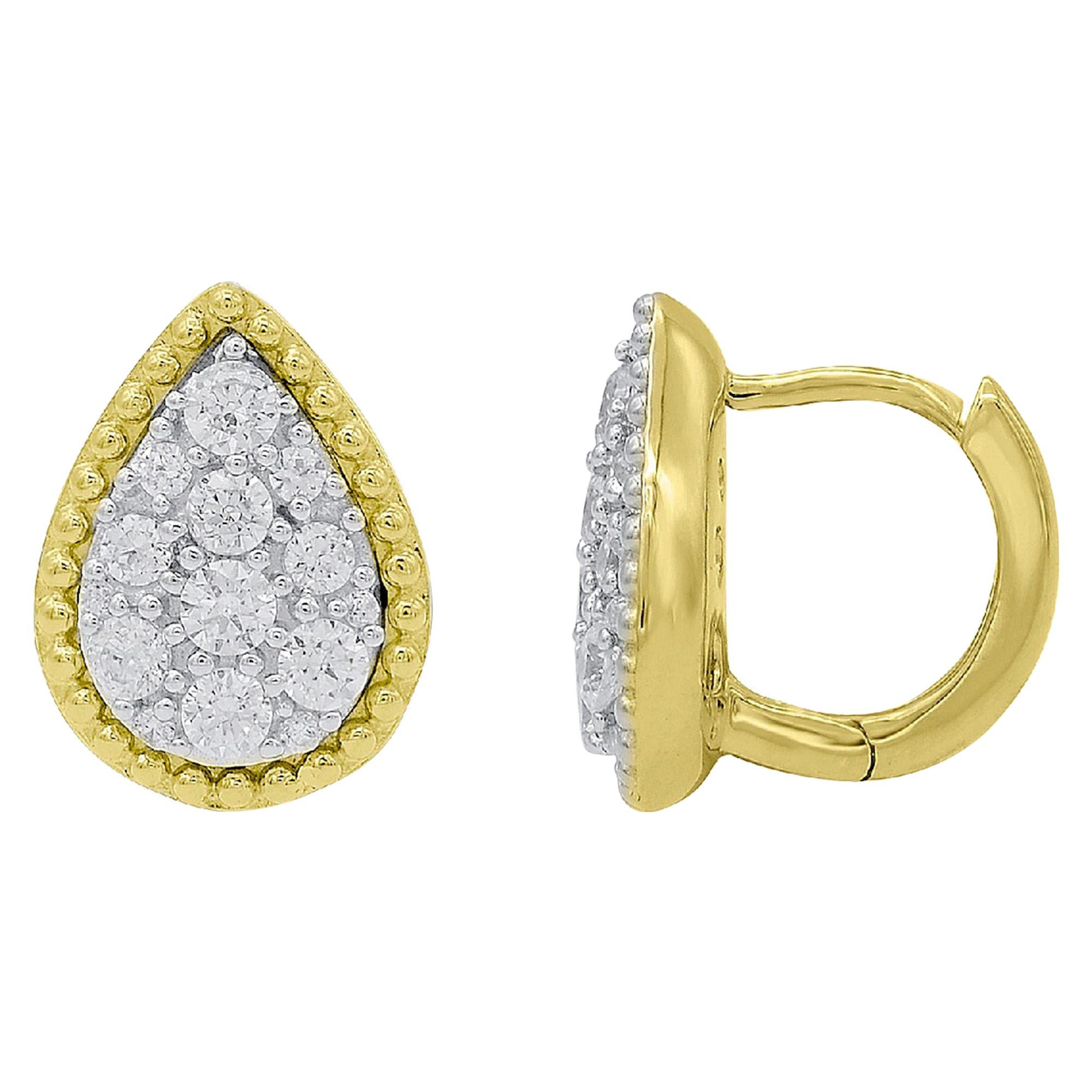 TJD 0.50 Carat Round Diamond 14K Yellow Gold Pear Shaped Cluster Stud Earrings