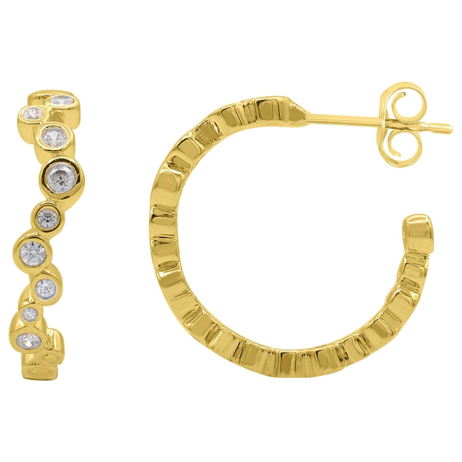 TJD 0.50 Carat Diamond 14 Karat Yellow Gold Bezel Set J-Hoop Earrings For Sale