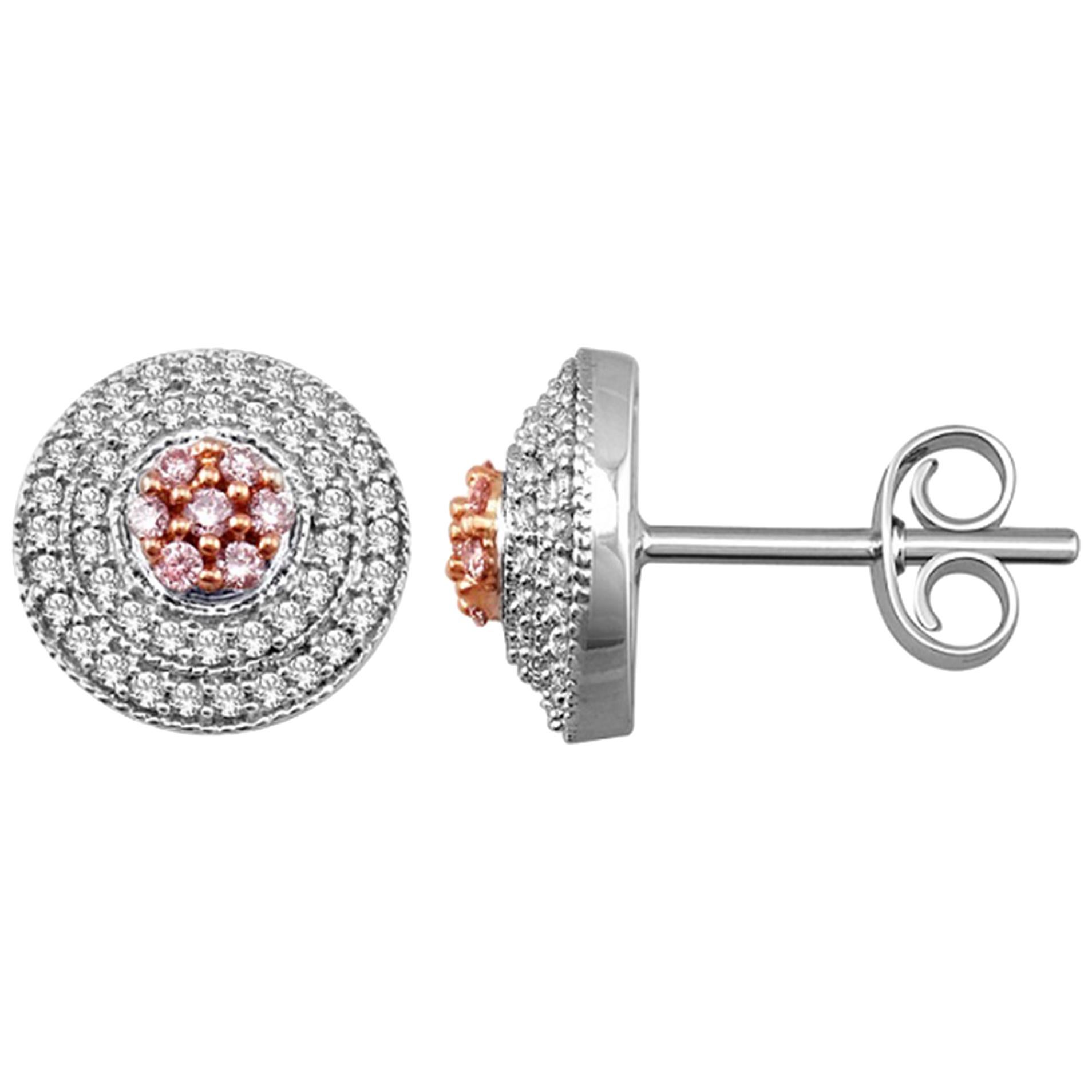 TJD 0.50 Ct Nat. Pink Rosé & White Diamond 18K White Gold Cluster Stud Earrings For Sale