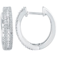 TJD 0.50 Carat Round Diamond 14 Karat White Gold Three Row Huggie Hoop Earrings