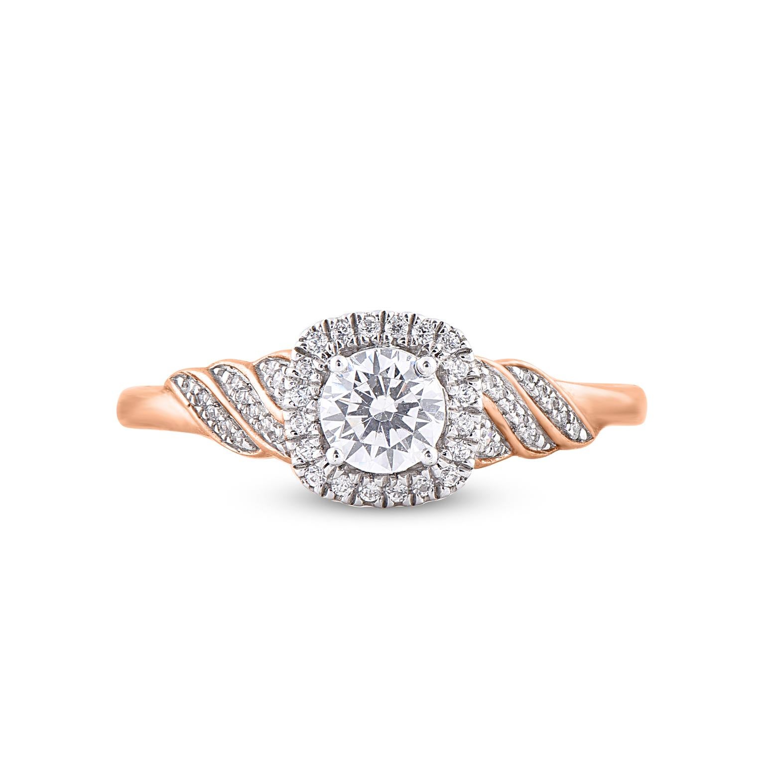 Make the moment memorable with this diamond engagement ring. Expertly crafted in 14 Karat rose gold and shines with 45 brilliant cut and single cut diamond in prong and pave setting. The total weight of diamonds 0.50 carat, H-I color and I2 Clarity.