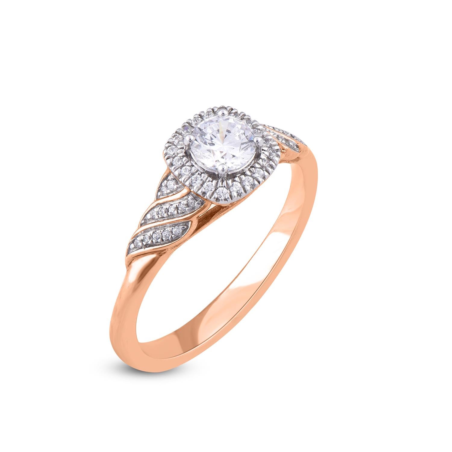 Contemporary TJD 0.50 Carat Natural Round Cut Diamond 14 Karat Rose Gold Halo Engagement Ring For Sale