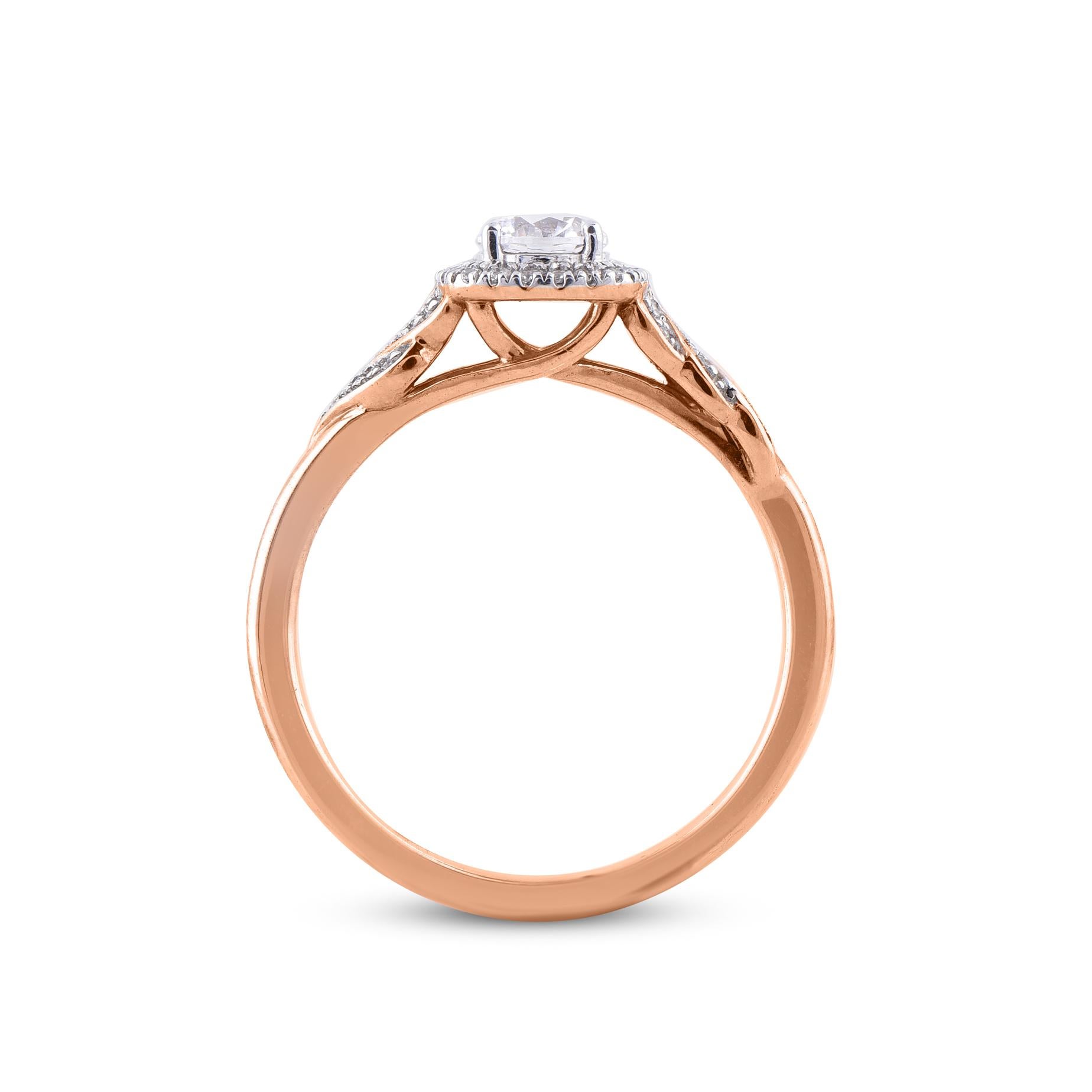 Women's TJD 0.50 Carat Natural Round Cut Diamond 14 Karat Rose Gold Halo Engagement Ring For Sale