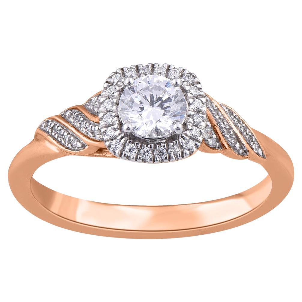 TJD 0.50 Carat Natural Round Cut Diamond 14 Karat Rose Gold Halo Engagement Ring For Sale