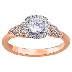 TJD 0.50 Carat Natural Round Cut Diamond 14 Karat Rose Gold Halo Engagement Ring