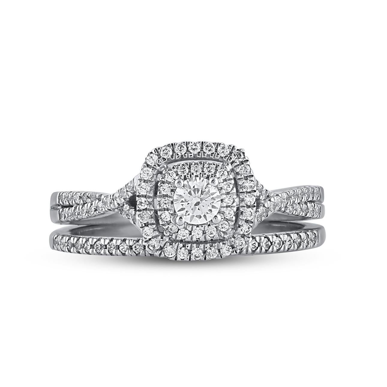 Bringen Sie Ihre Liebe mit diesem klassischen und traditionellen Diamant-Braut-Set zum Ausdruck. Gefertigt aus 14 Karat Weißgold. In diesem Ehering funkeln 100 Diamanten im Brillantschliff und runde Diamanten im Einzelschliff in einer schönen