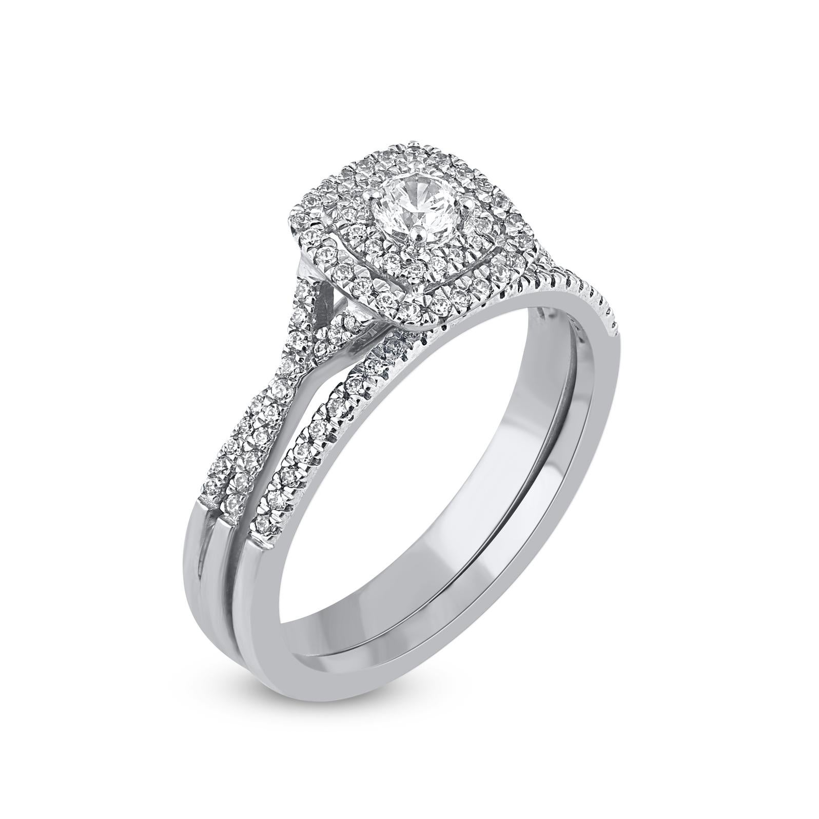 Contemporary TJD 0.50 Carat Natural Round Cut Diamond 14 Karat White Gold Bridal Ring Set For Sale