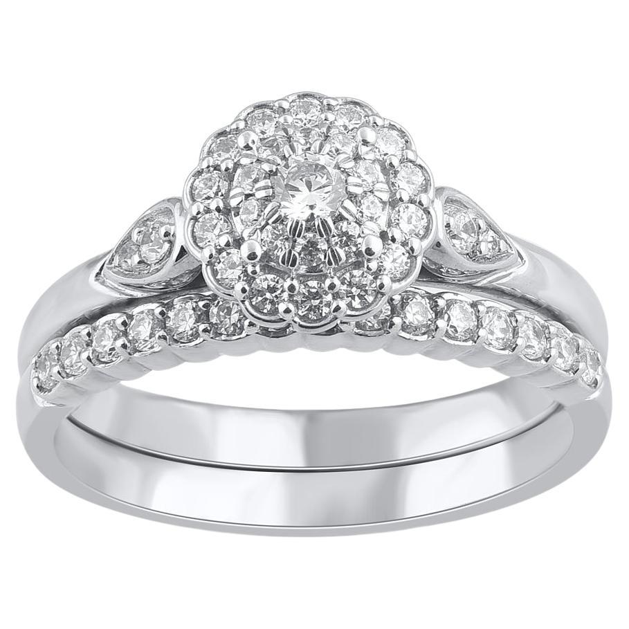 TJD 0.50 Carat Natural Round Cut Diamond 14 Karat White Gold Bridal Ring Set For Sale