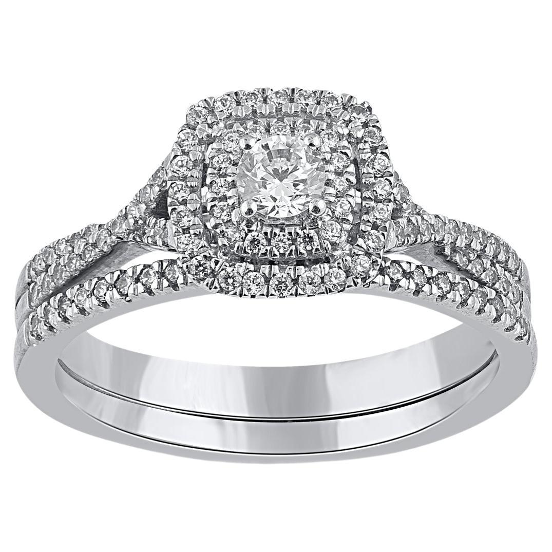 TJD 0.50 Carat Natural Round Cut Diamond 14 Karat White Gold Bridal Ring Set For Sale