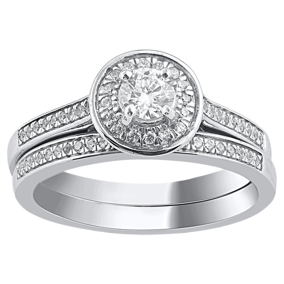 TJD 0.50 Carat Natural Round Cut Diamond 14 Karat White Gold Bridal Ring Set