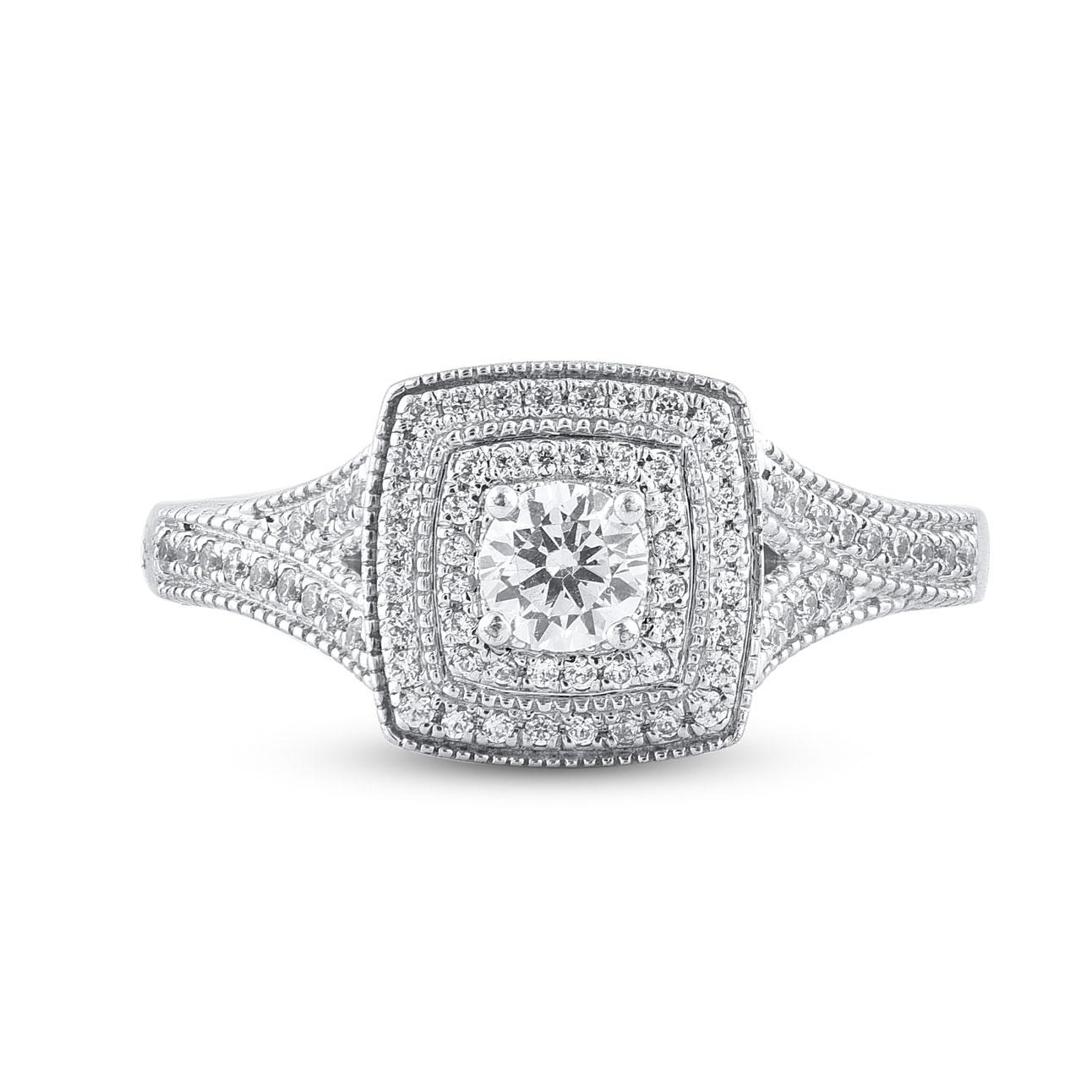 Give a touch of glamour to your fine jewelry collection with this diamond engagement ring. This ring is expertly crafted in 14 Karat white gold and features of this ring brilliant cut and single cut 75 diamond set in pave & prong setting. Total