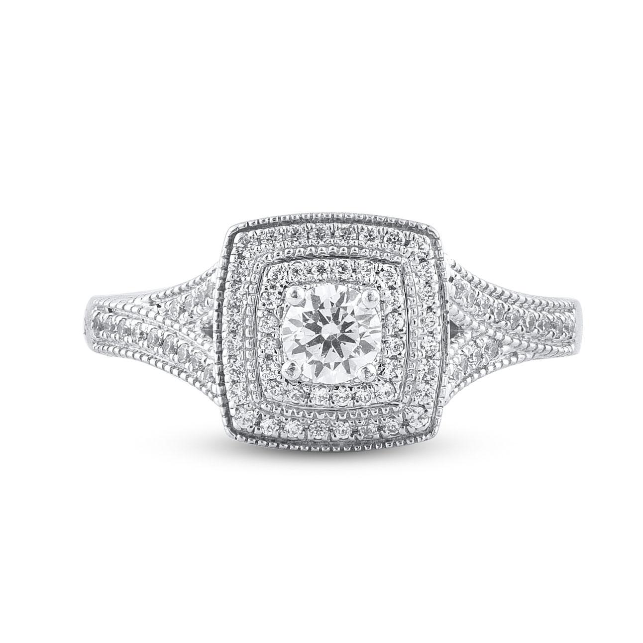 Verleihen Sie Ihrer Schmucksammlung einen Hauch von Glamour mit diesem diamantenen Verlobungsring. Dieser Ring ist fachmännisch in 14 Karat Weißgold gefertigt und verfügt über diesen Ring Brillantschliff und Single-Cut 75 Diamanten in Pave &