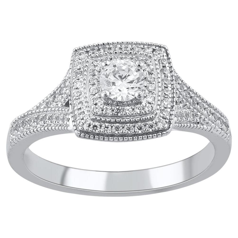 TJD 0.50 Carat Natural Round Cut Diamond 14 Karat White Gold Engagement Ring
