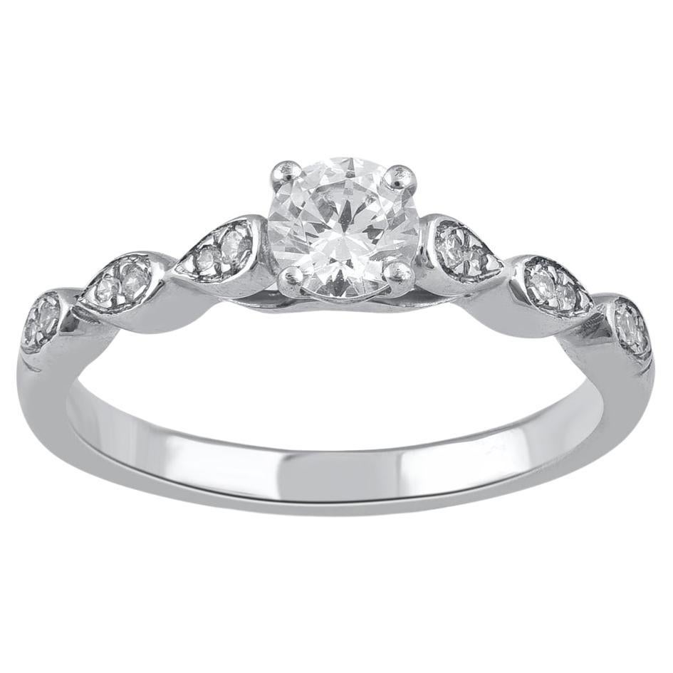 TJD 0.50 Carat Natural Round Cut Diamond 14 Karat White Gold Engagement Ring