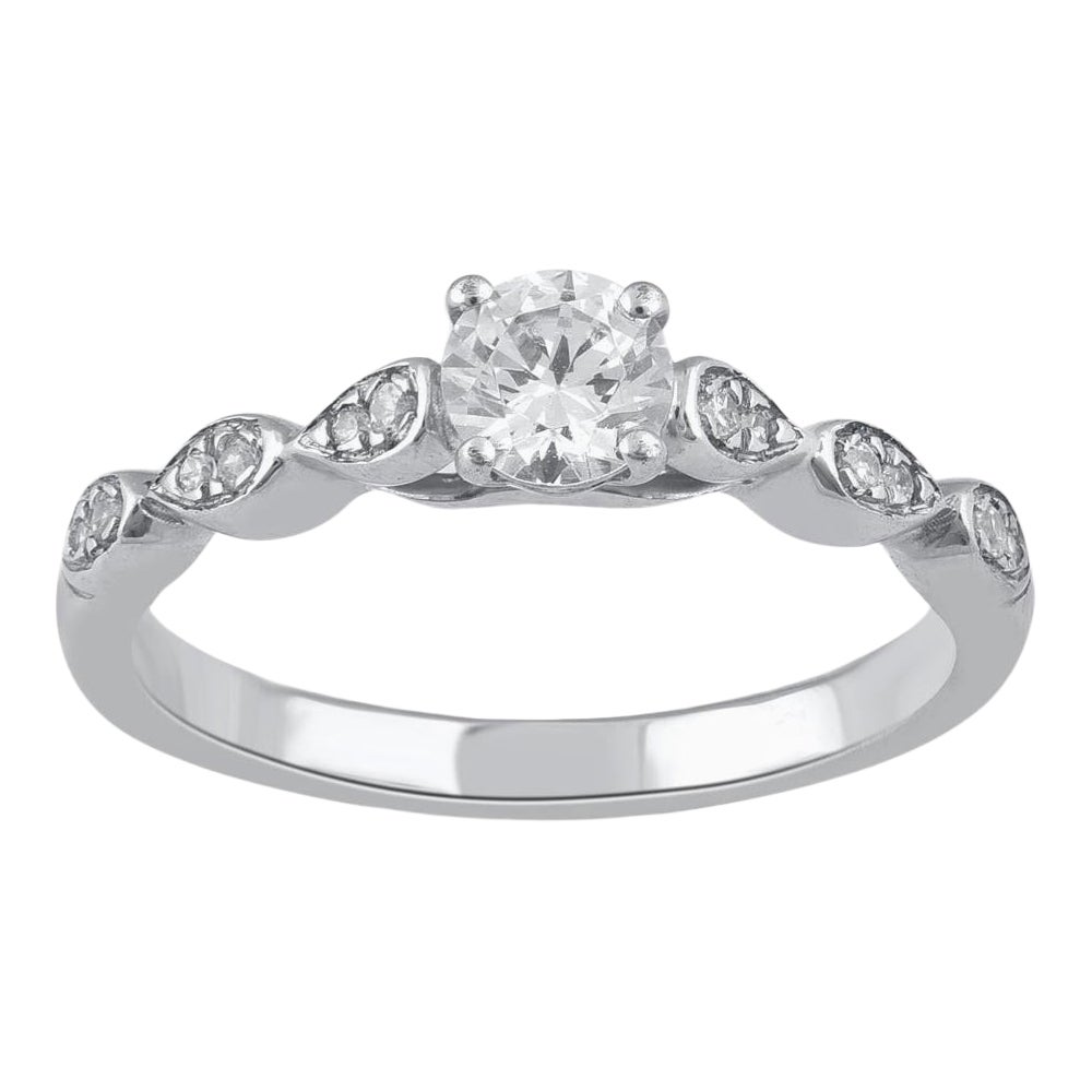 TJD 0.50 Carat Natural Round Cut Diamond 14 Karat White Gold Engagement Ring