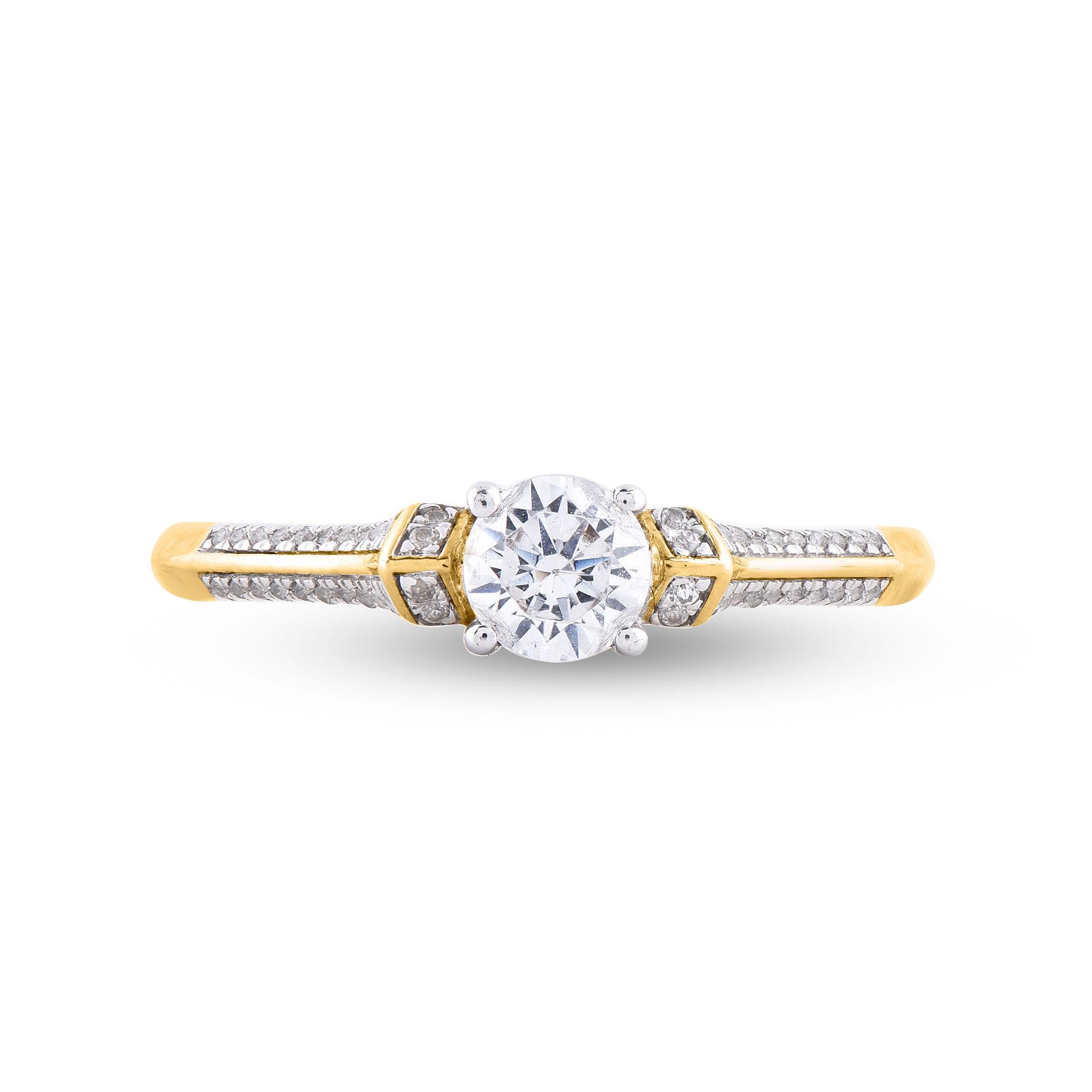 Make the moment memorable with this diamond engagement ring. Expertly crafted in 14 Karat yellow gold and shines with 49 brilliant cut and single cut diamond in prong setting. The total weight of diamonds 0.50 carat, H-I color and I2 Clarity. This