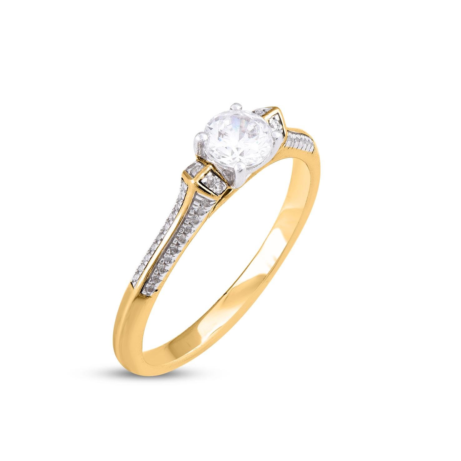 Contemporary TJD 0.50 Carat Natural Round Cut Diamond 14 Karat Yellow Gold Engagement Ring For Sale