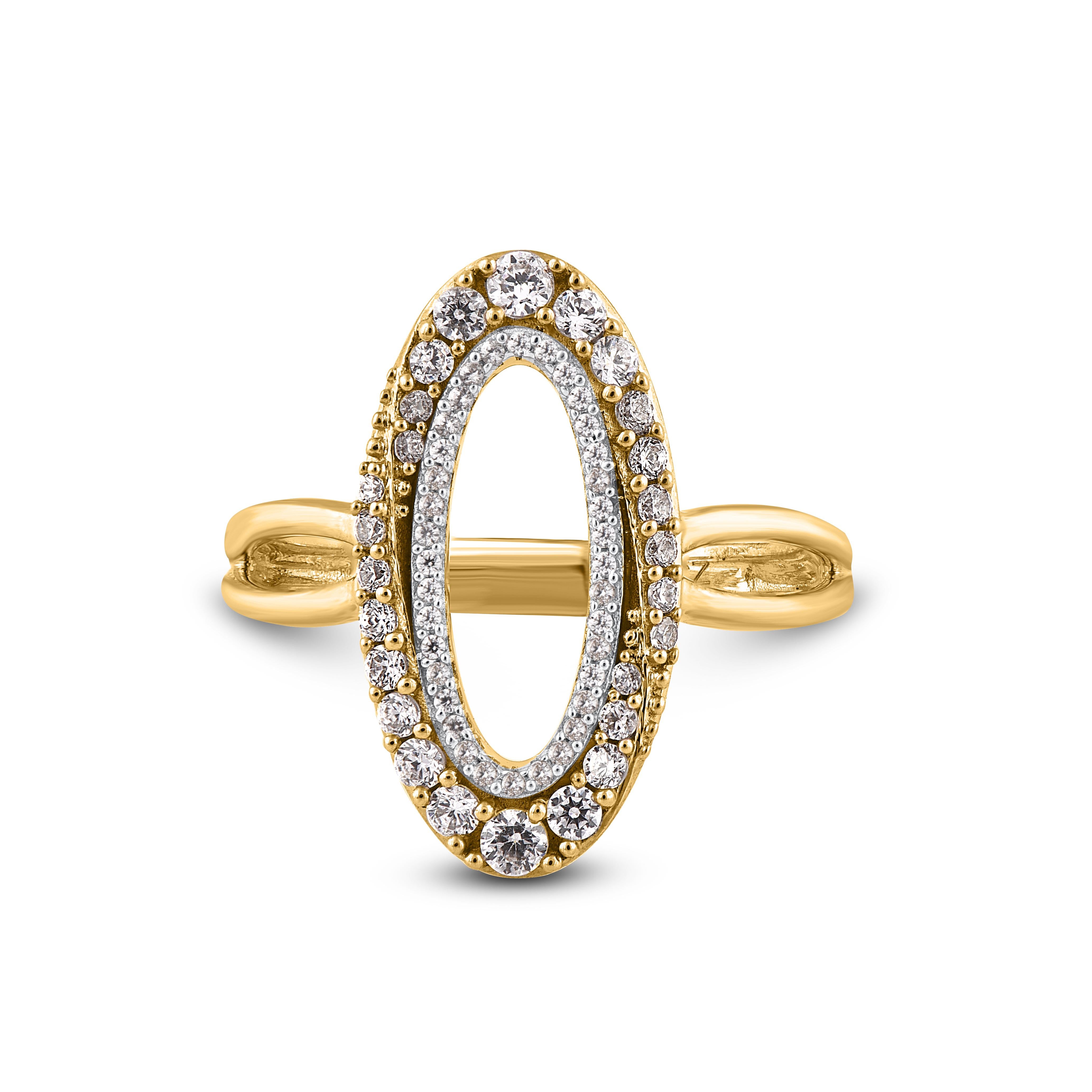 Express your love through the bold sparkle of this oval shaped diamond engagement ring. These oval ring is studded with 62 brilliant cut and single cut natural diamonds in 14 karat yellow gold in prong setting . Total diamond weight is 0.50 carat.