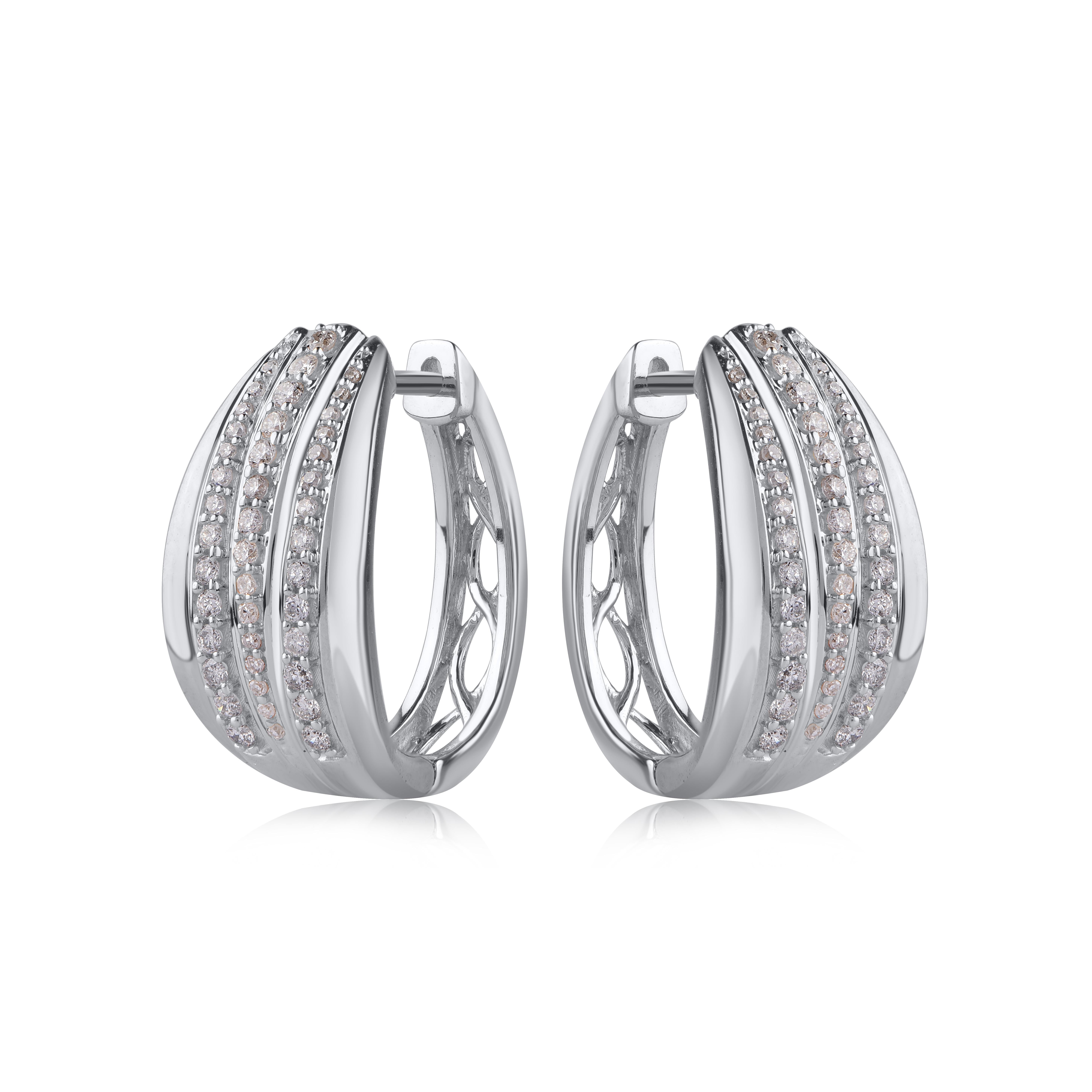 Modern TJD 0.50 Carat Natural Round Cut Diamond 14KT White Gold Hoop Earrings For Sale