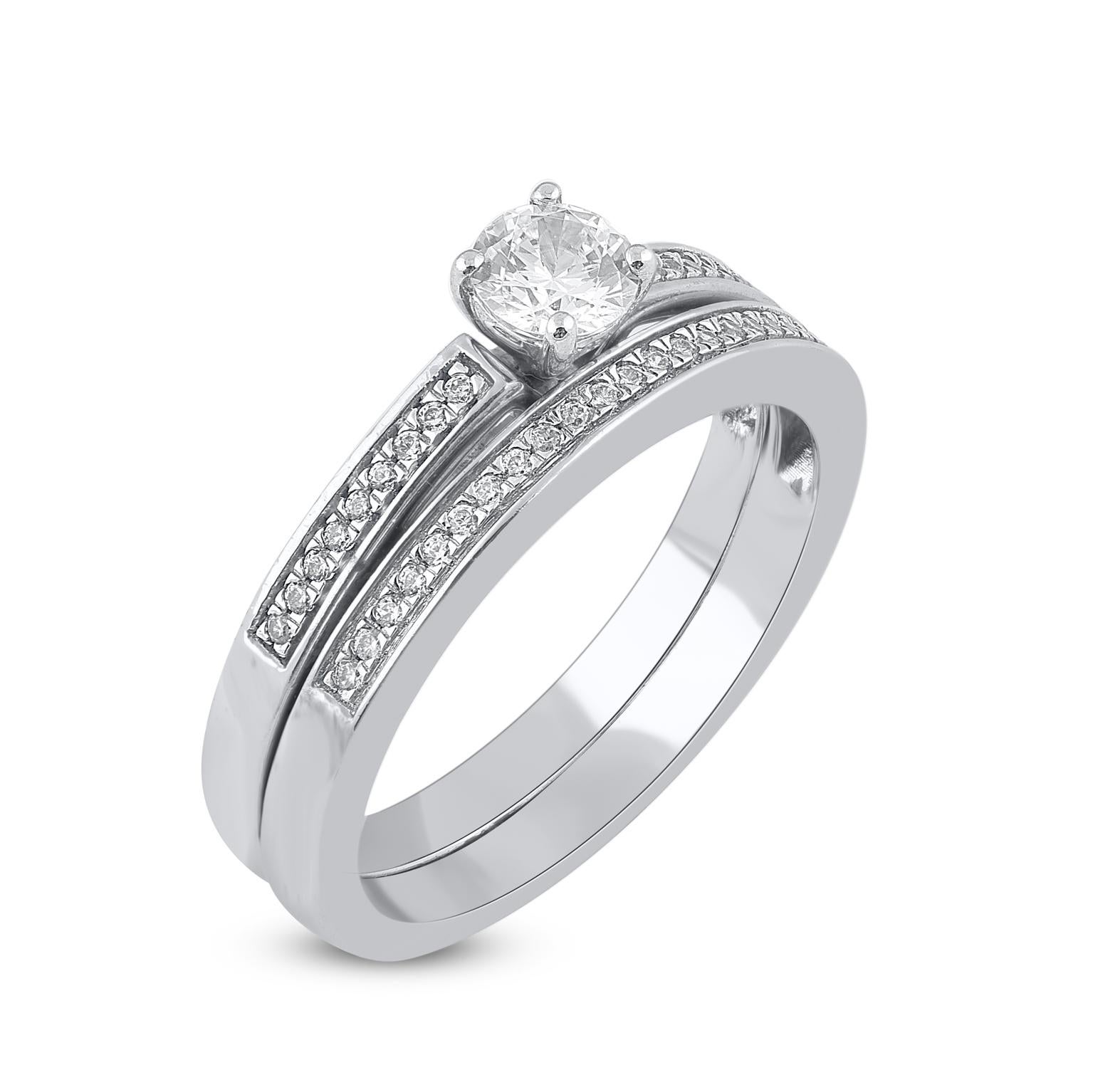 Contemporary TJD 0.50 Carat Natural Round Cut Diamond 14KT White Gold Wedding Bridal Ring Set For Sale