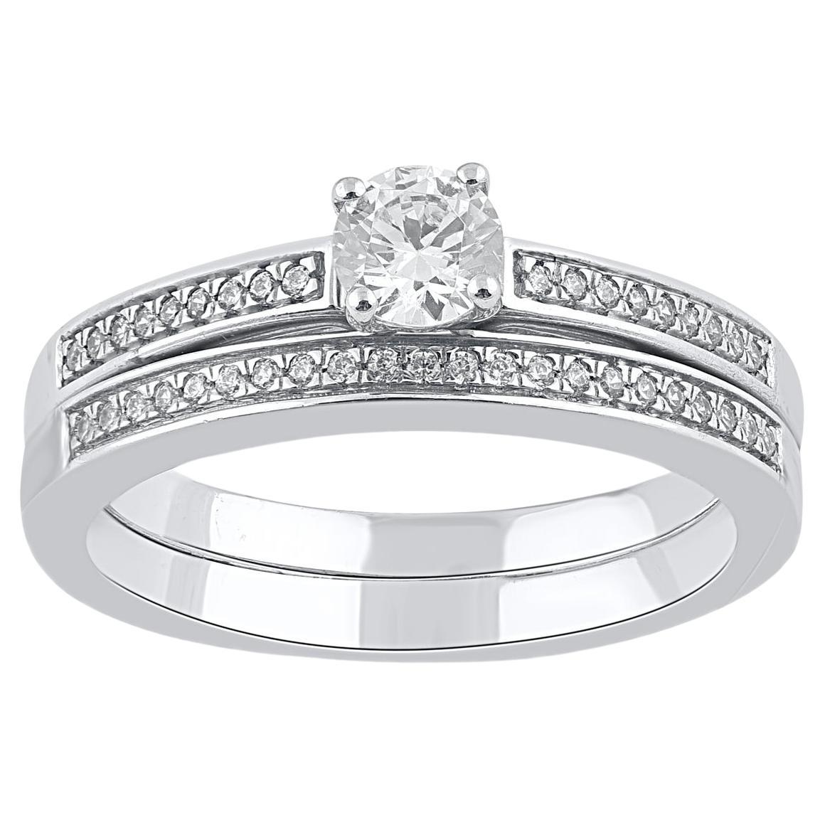 TJD 0.50 Carat Natural Round Cut Diamond 14KT White Gold Wedding Bridal Ring Set For Sale