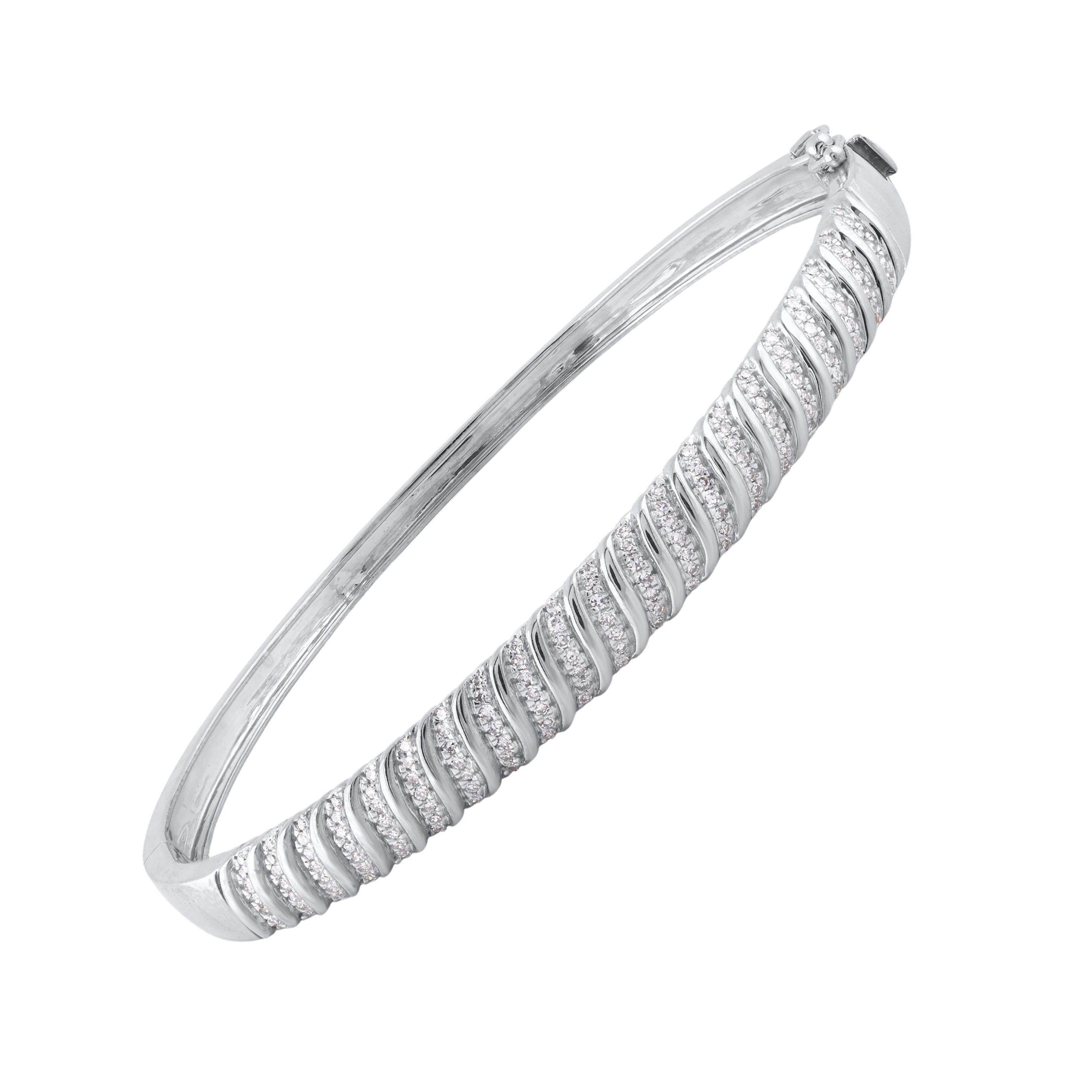 TJD 0.50 Carat Natural Round Cut Diamond "S" Bangle in 14 Karat White Gold
