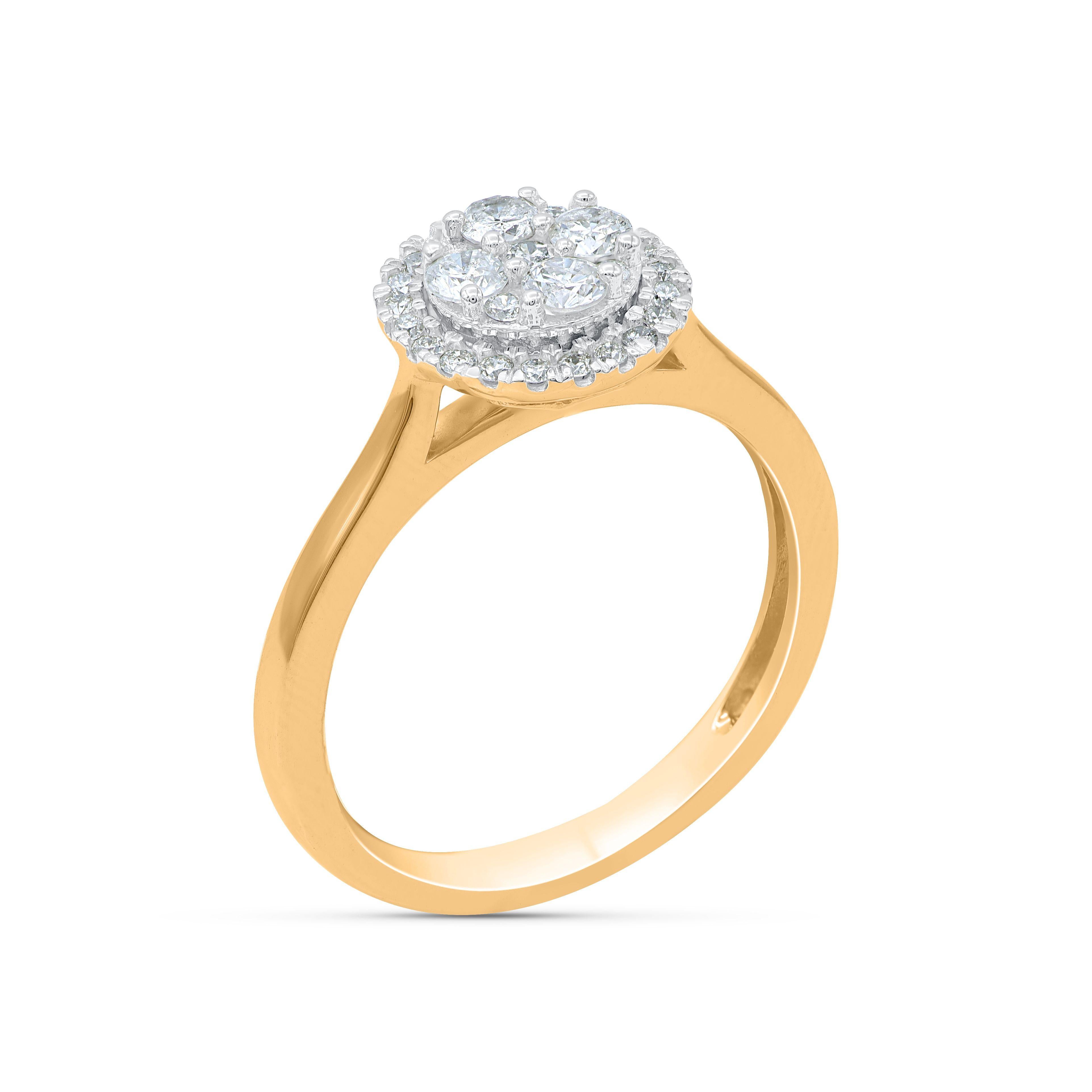 Handcrafted in 10 KT yellow gold and studded with 30 round-cut diamonds in micro-prong and pressure setting. The diamonds are graded H-I Color, I2 Clarity. This ring is available in multiple sizes

