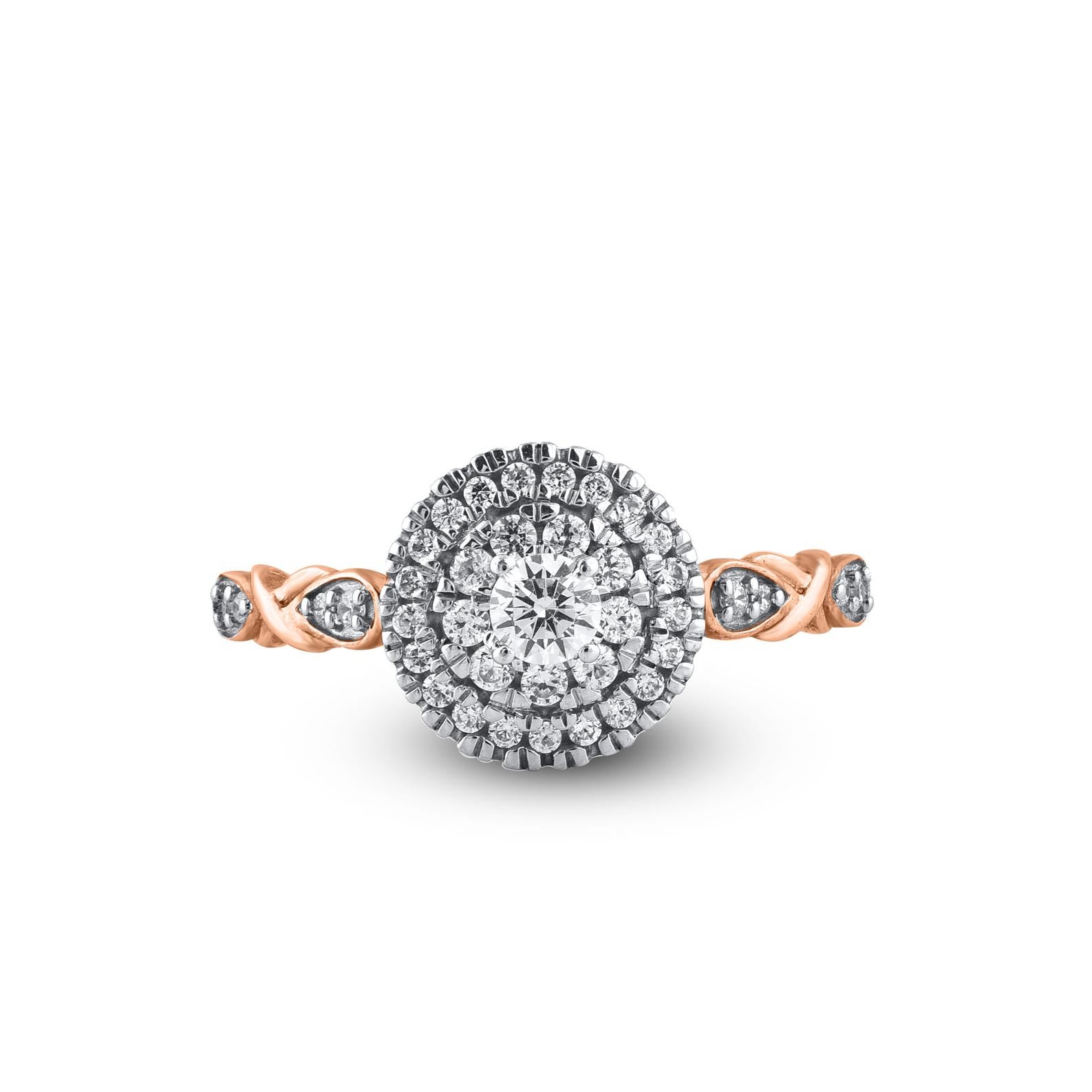 Truly exquisite, this diamond wedding ring is sure to be admired for the inherent classic beauty and elegance within its design. These ring is crafted in 14KT rose gold, and studded with 39 single cut and brilliant cut natural diamonds in prong