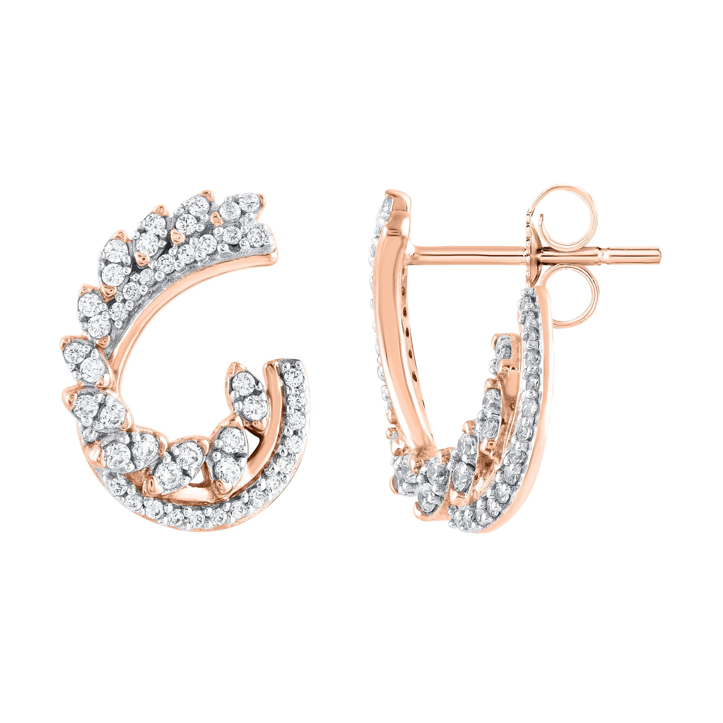 You'll adore the petite touch of shimmer these designer stud earrings add to your attire. Beautifully hand-crafted by our inhouse experts in 14 karat rose gold and embellished with 90 single cut and brilliant cut round diamonds in prong setting and