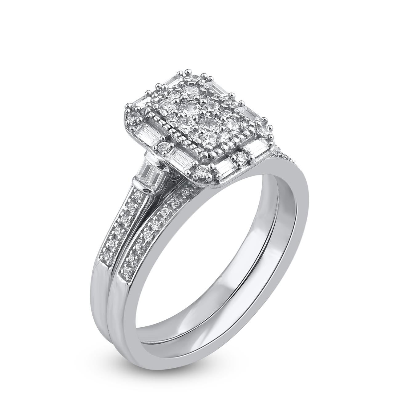 Express your love for her in the most classic way with this diamond ring set. Crafted in 14 Karat white gold. This wedding ring features a sparkling 67 brilliant cut, single cut round diamond & baguette cut diamond beautifully set in prong & channel