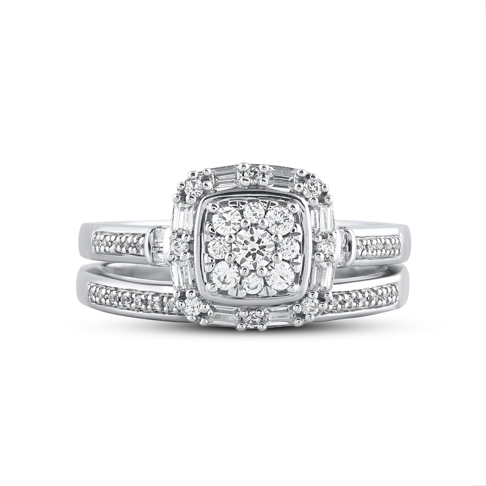 Make every moment sparkle with this lovely diamond bridal set in 14KT gold. Crafted in 14 Karat white gold. This wedding ring features a sparkling 60 brilliant cut, single cut round diamond & baguette cut diamond beautifully set in prong & channel