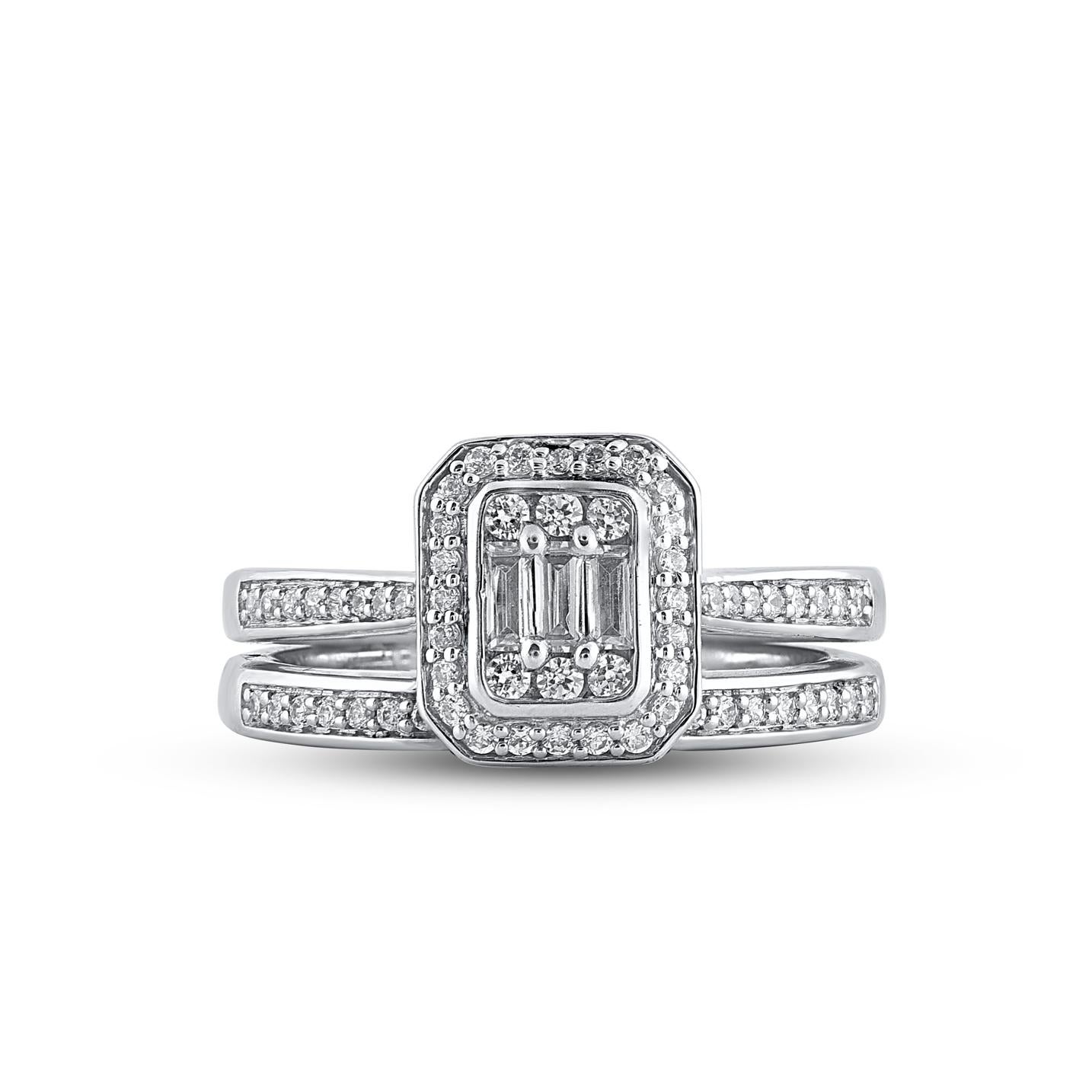 Express your love for her in the most classic way with this diamond ring set. Crafted in 14 Karat white gold. This wedding ring features a sparkling 70 brilliant cut, single cut round diamonds and baguette cut diamonds beautifully set in prong &