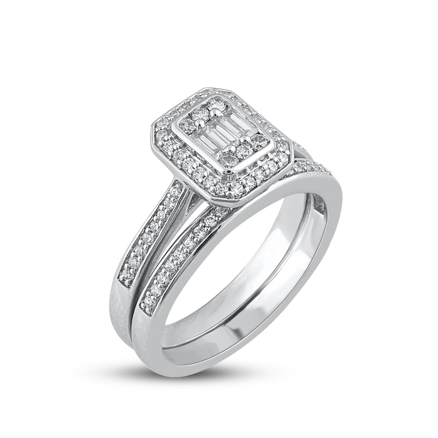 Contemporary TJD 0.50 Carat Natural Round Diamond 14 Karat White Gold Bridal Ring Set For Sale