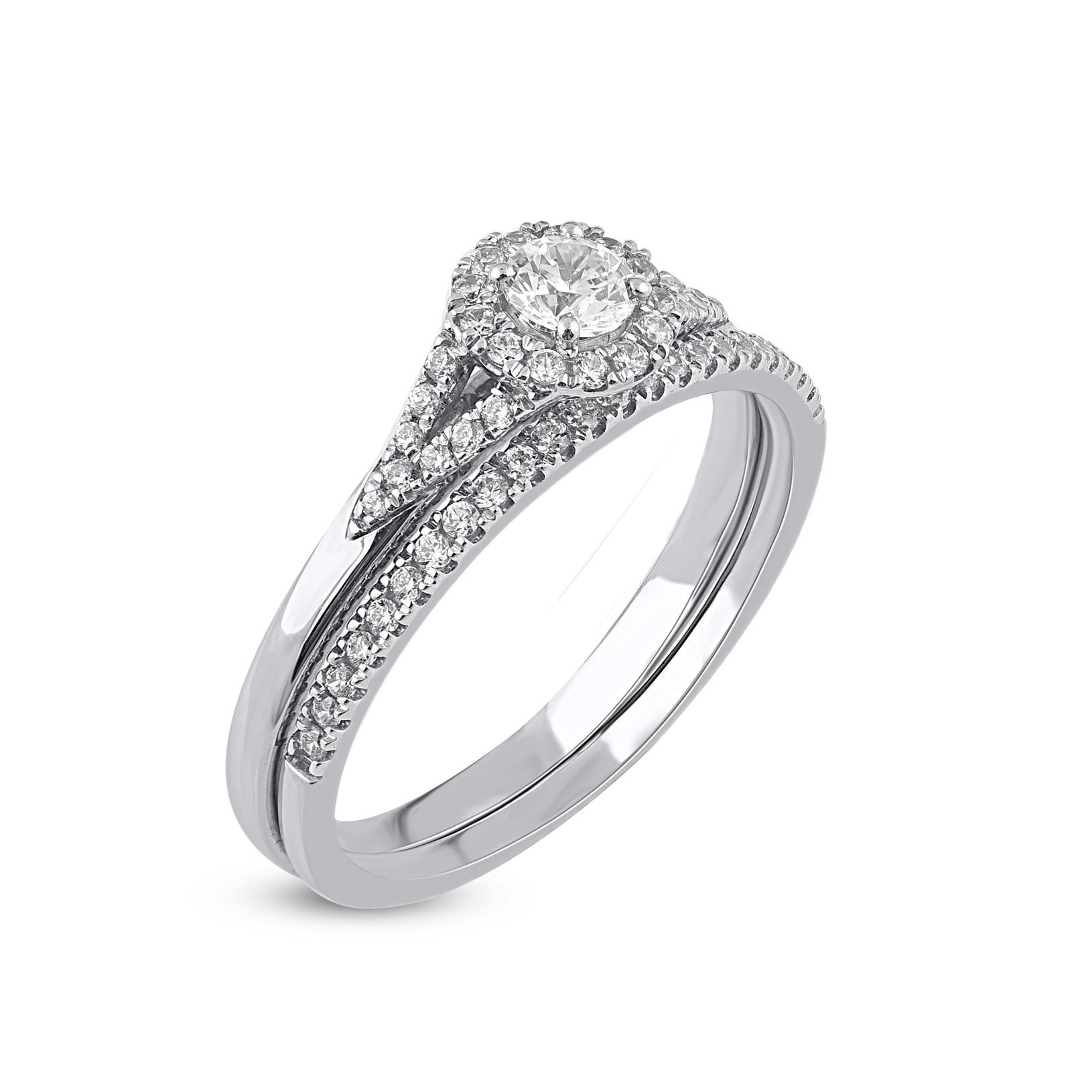 Contemporary TJD 0.50 Carat Natural Round Diamond 14 Karat White Gold Bridal Ring Set For Sale