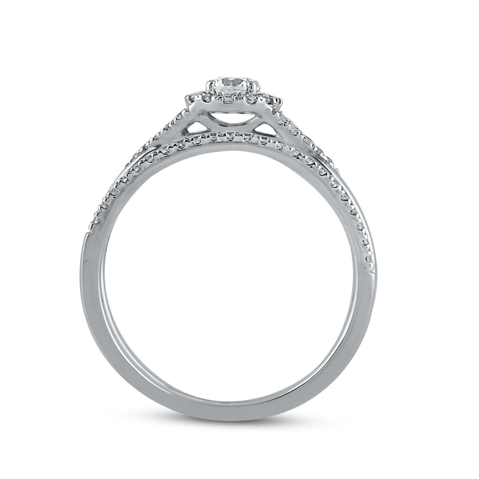 Round Cut TJD 0.50 Carat Natural Round Diamond 14 Karat White Gold Bridal Ring Set For Sale
