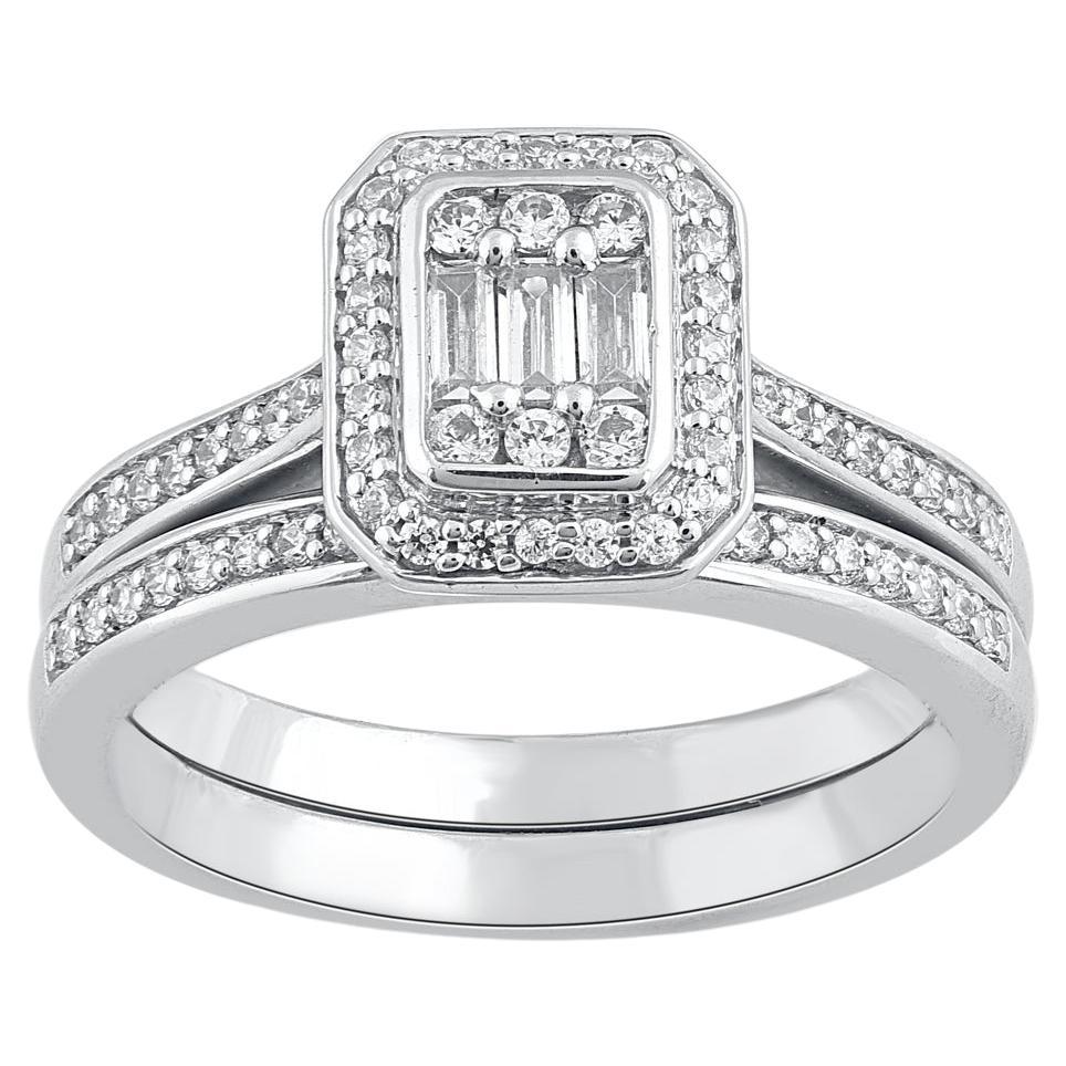 Bague de mariage en or blanc 14 carats sertie d'un diamant rond naturel de 0,50 carat TJD