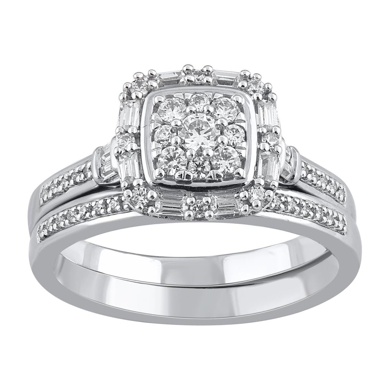 TJD Juego de Anillos de Novia de Oro Blanco de 14 Kilates con Diamante Redondo Natural de 0,50 Quilates