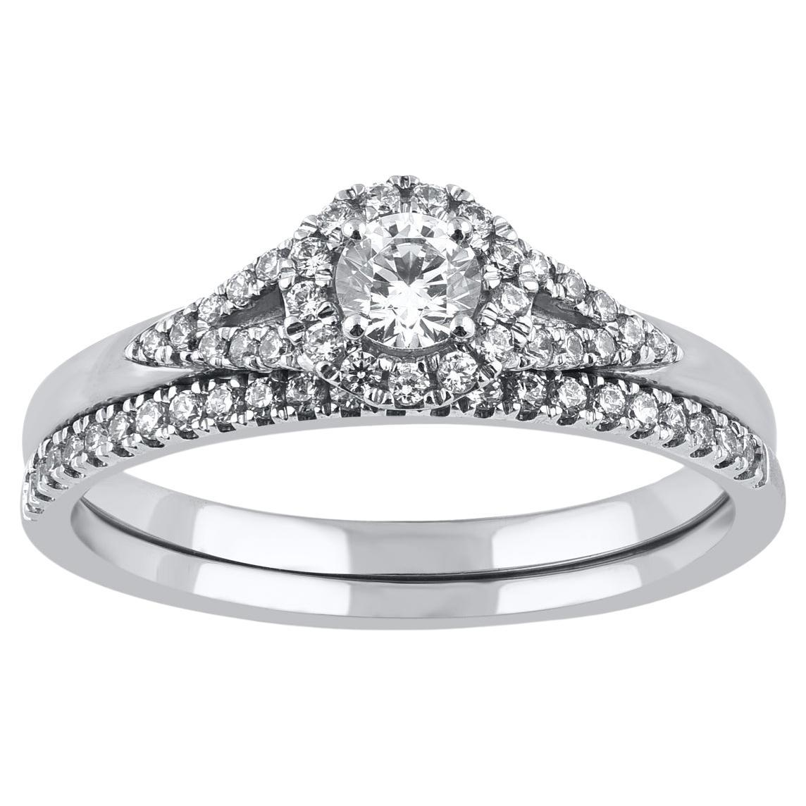 TJD Juego de Anillos de Novia de Oro Blanco de 14 Kilates con Diamante Redondo Natural de 0,50 Quilates