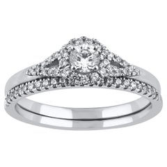 TJD Juego de Anillos de Novia de Oro Blanco de 14 Kilates con Diamante Redondo Natural de 0,50 Quilates