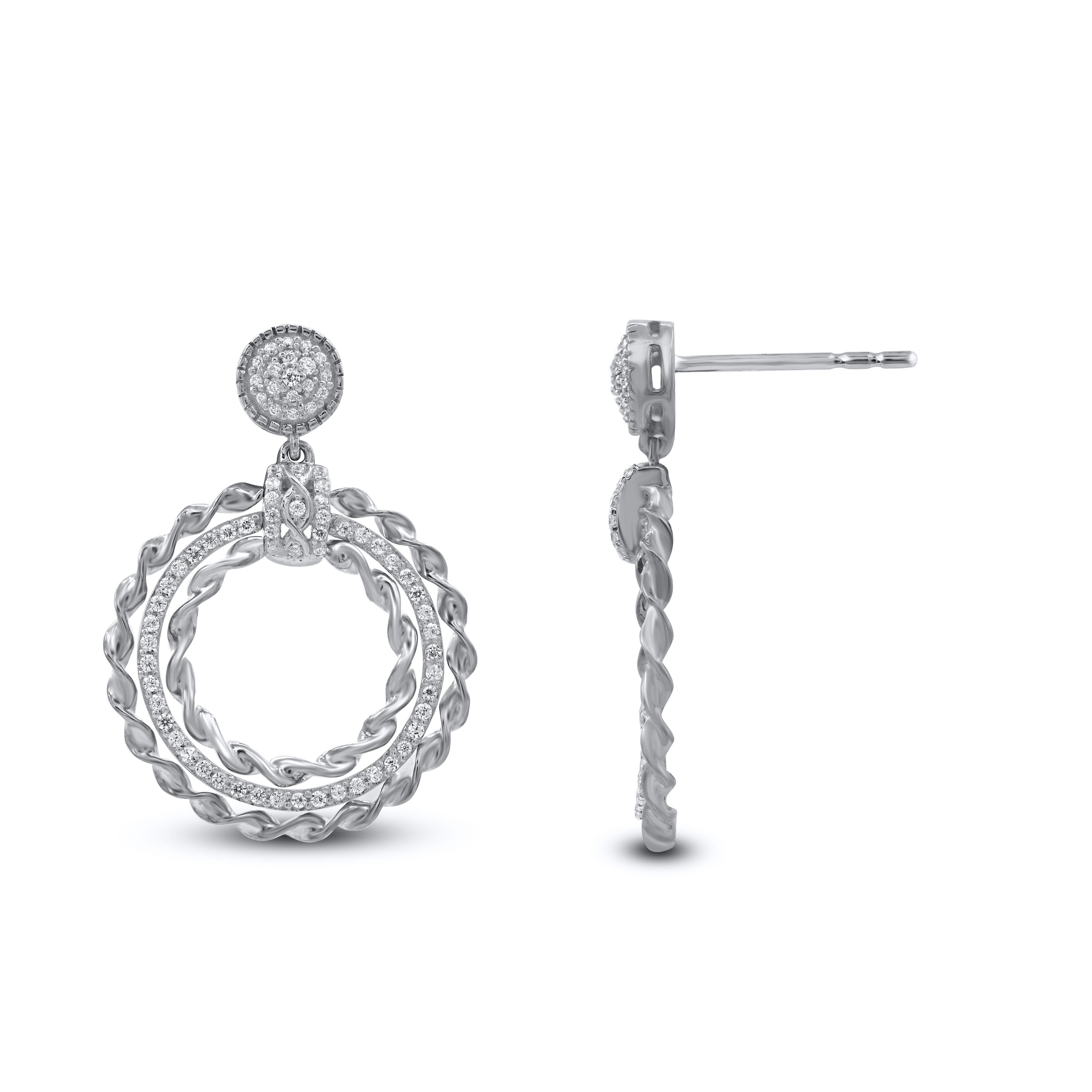The perfect complement to her classic style, this diamond dangle earrings shines with your happily ever after. These earrings feature dazzling with 148 single cut round diamond set in prong setting. Total diamond weight is 0.50 carat. These earrings