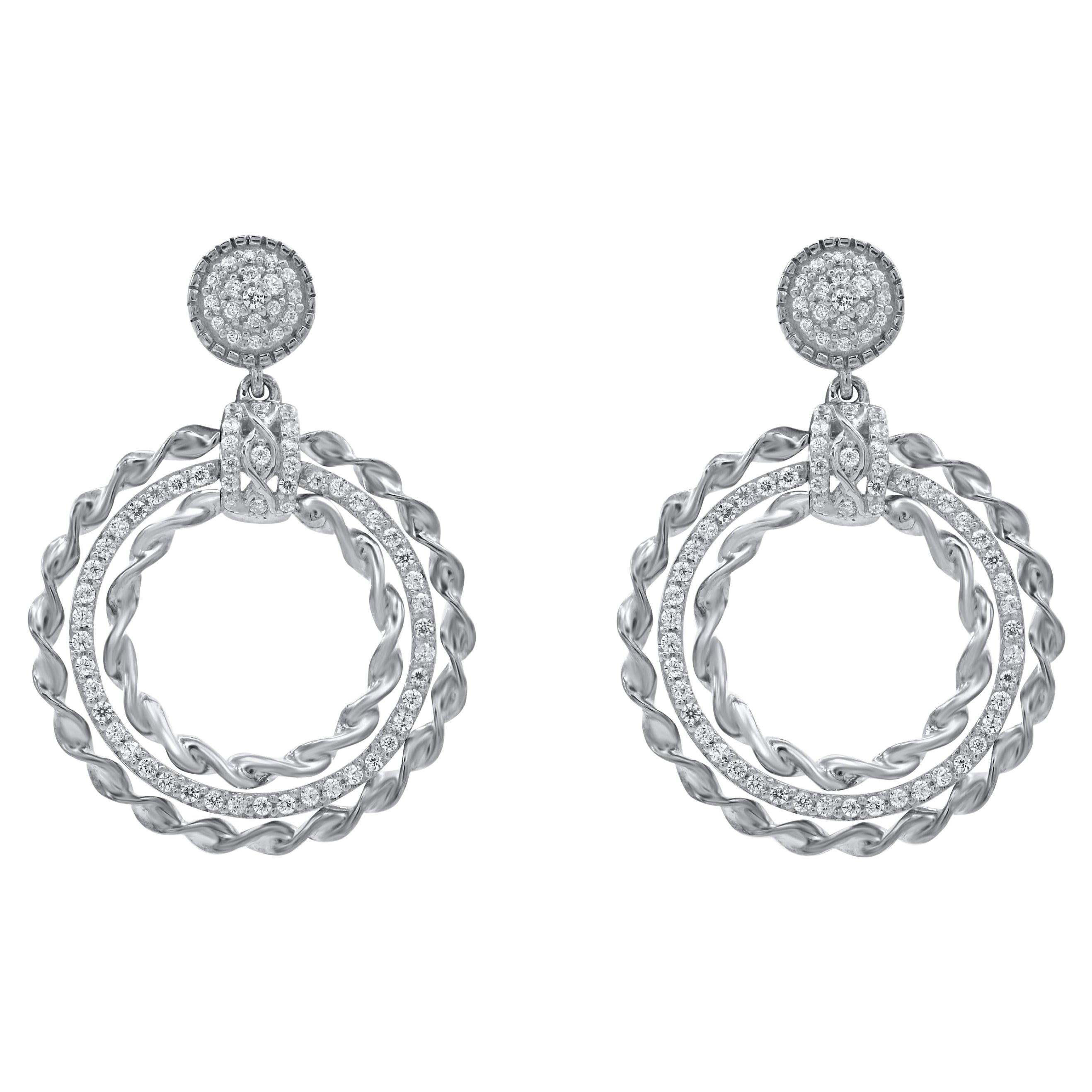 TJD 0.50 Carat Natural Round Diamond 14 Karat White Gold Circle Dangle Earrings