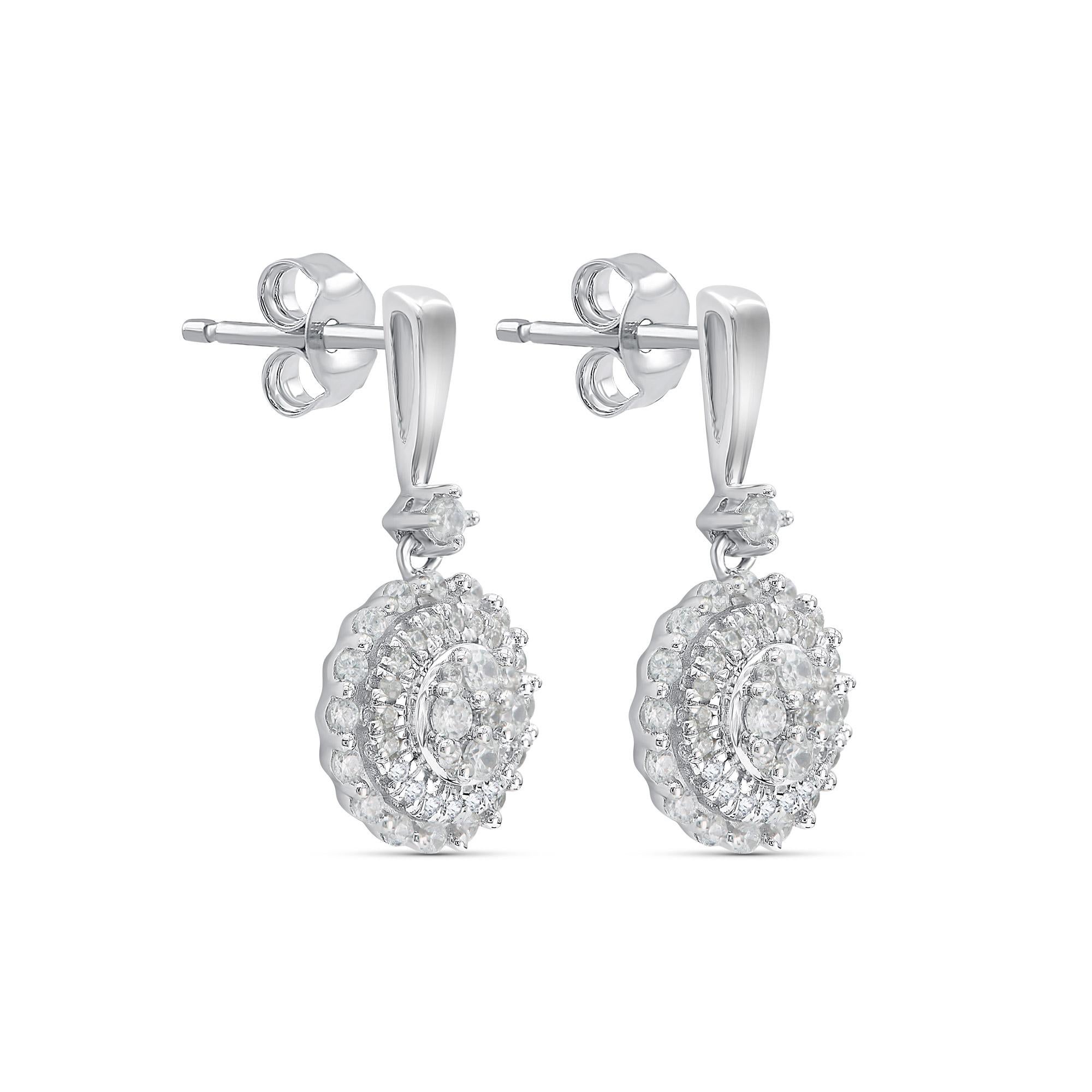 The perfect complement to her classic style, this diamond circle earrings shines with your happily ever after. These earrings feature dazzling with 92 single cut and brilliant cut round diamond set in prong setting. Total diamond weight is 0.50